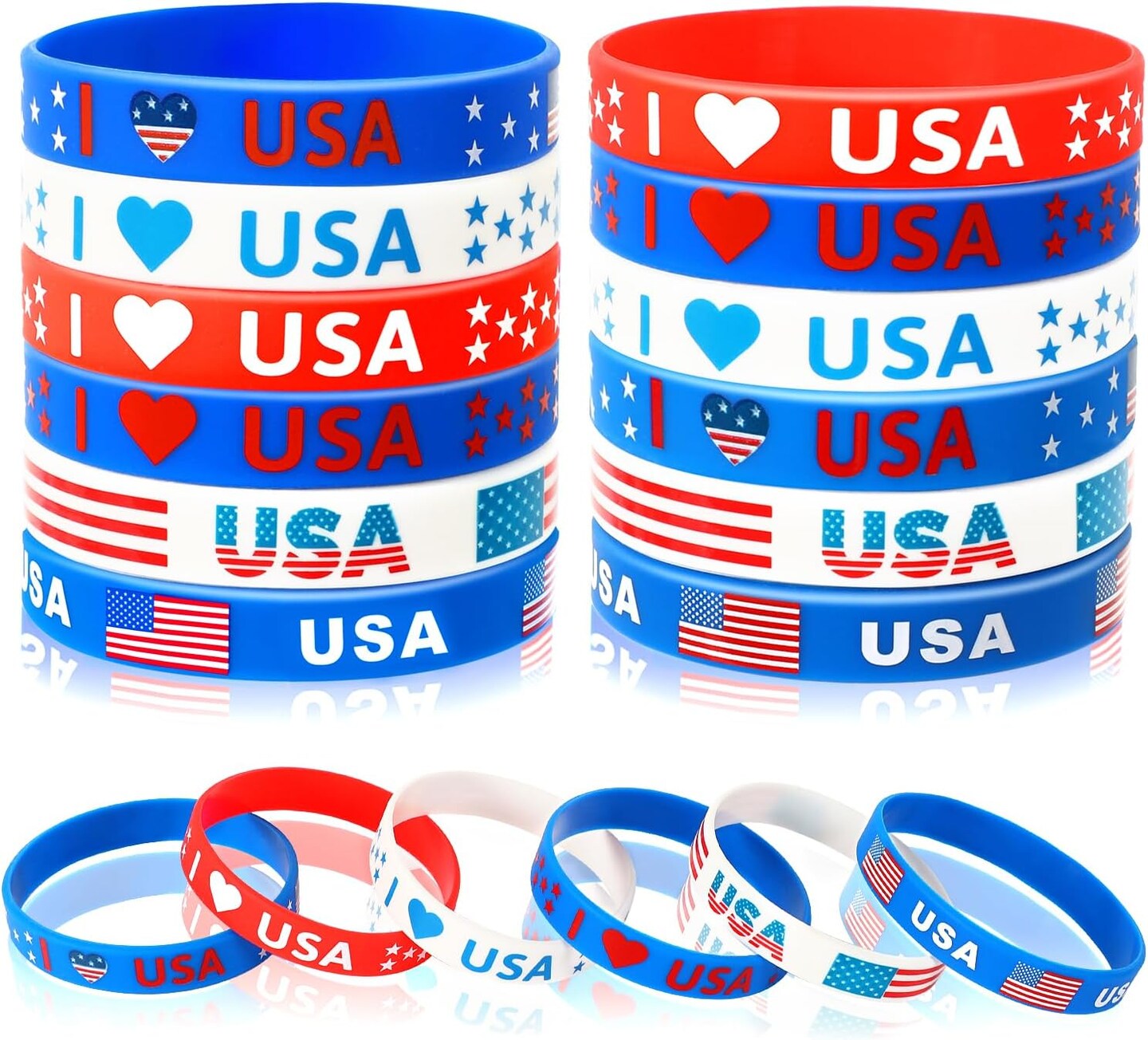 24pcs 4th of July Party Favors Silicone Bracelets USA American Flag Red White and Blue Rubber Wristbands for Patriotic Independence Day Party Gifts Holiday Decorations Supplies