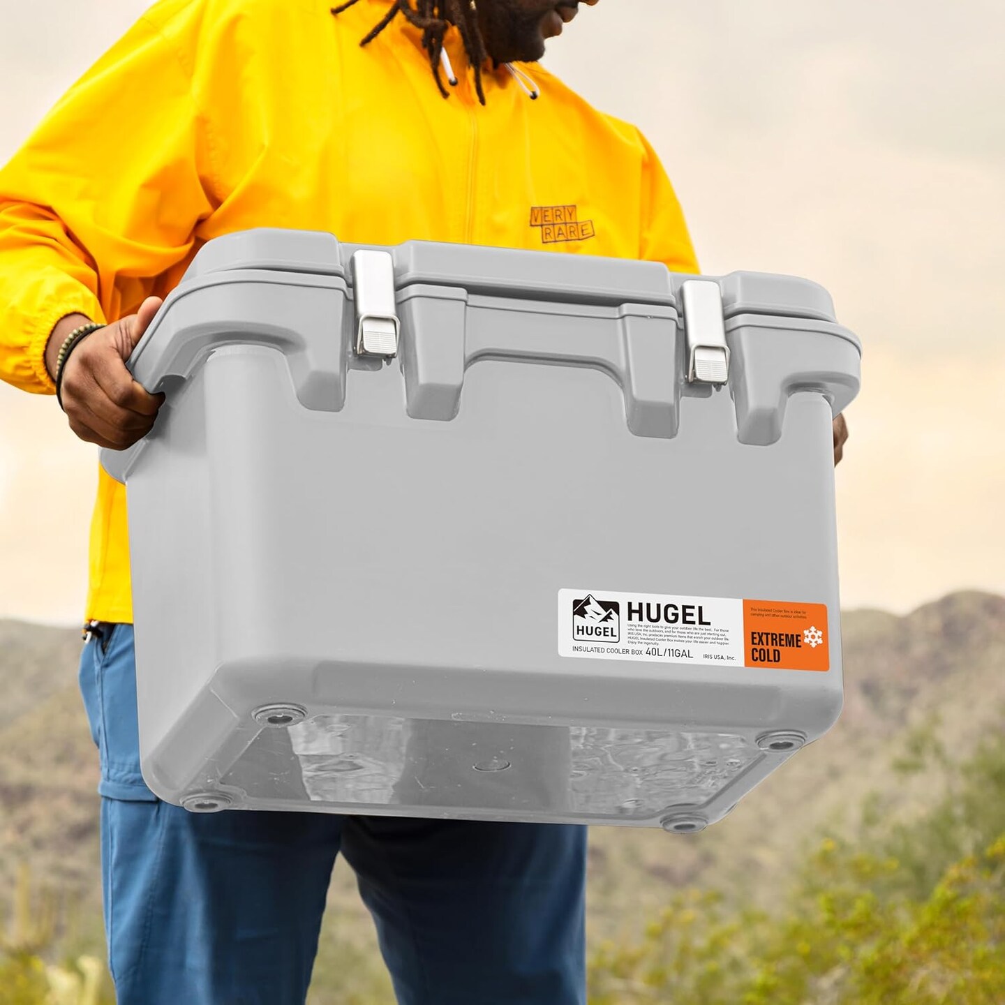 IRIS USA Hugel 44 QT Cooler, Heavy Duty Metal Buckles, Vacuum-Insulated Ice Chest, Durable Hard Cooler, Bungee Strap, Built-in Handles, Light Gray