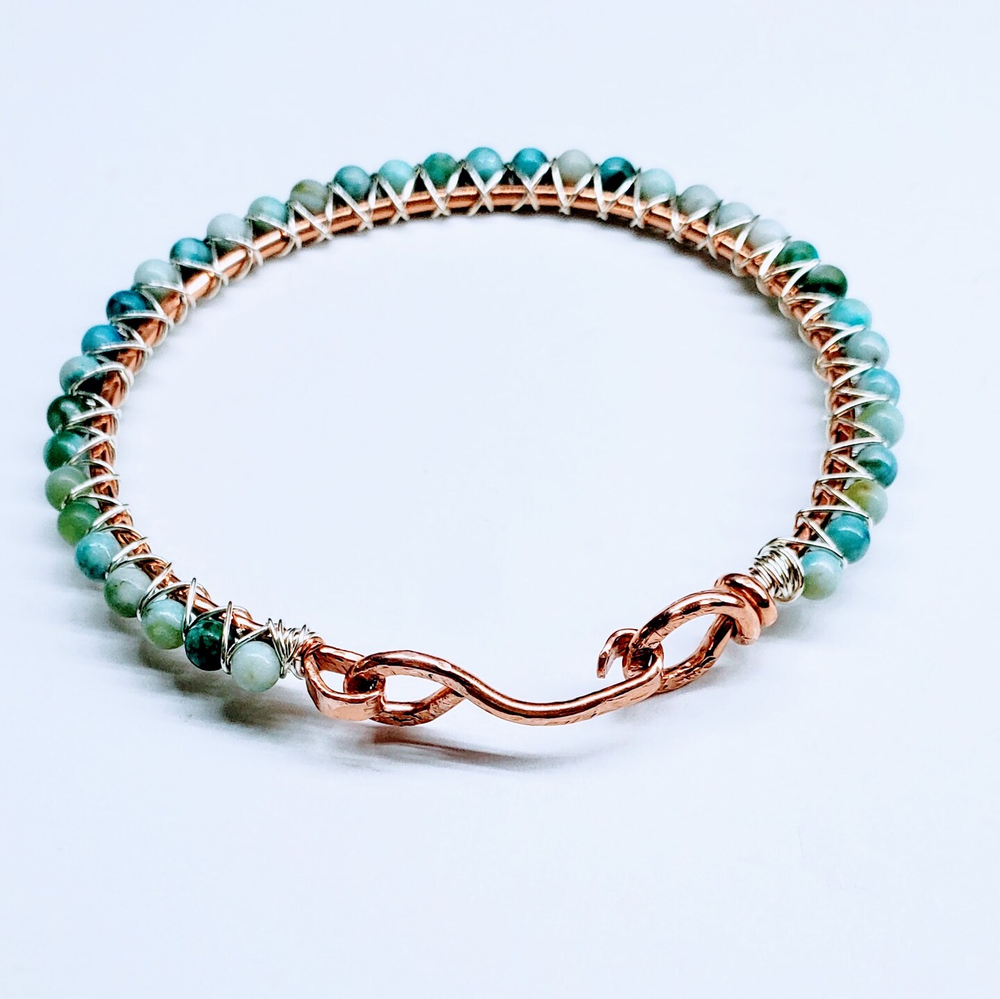 Handmade Silver Criss Cross Wire Wrapped Copper Turquoise Bangle