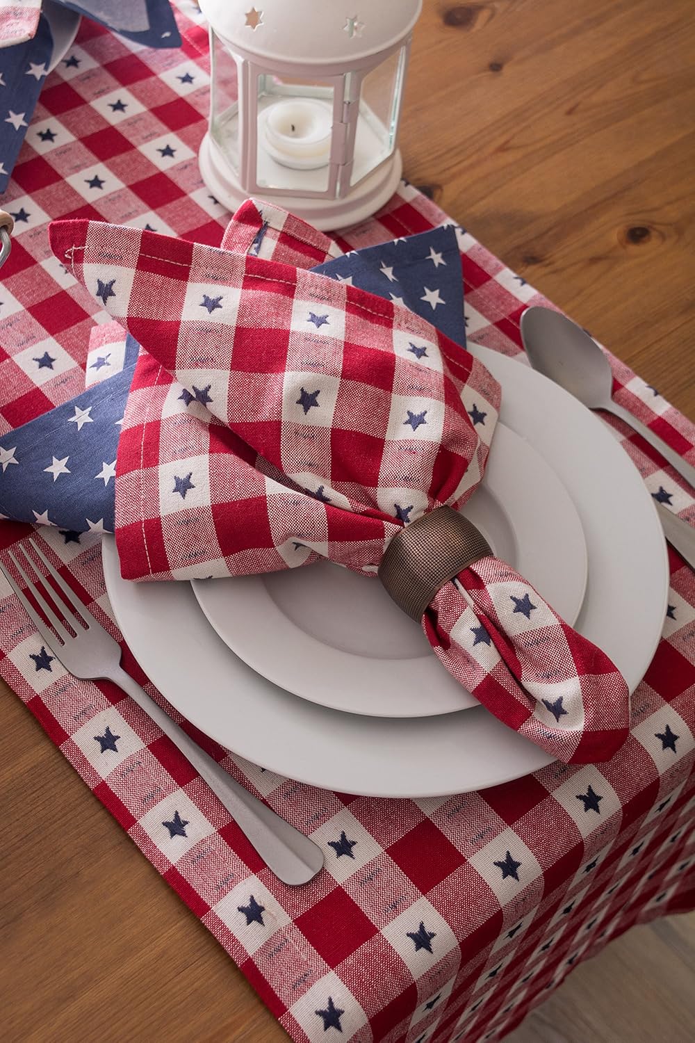 Patriotic 4th of July Stars & Check Summer Tabletop Collection – Table Runner, 14 x 108 Inches, Red, White & Blue