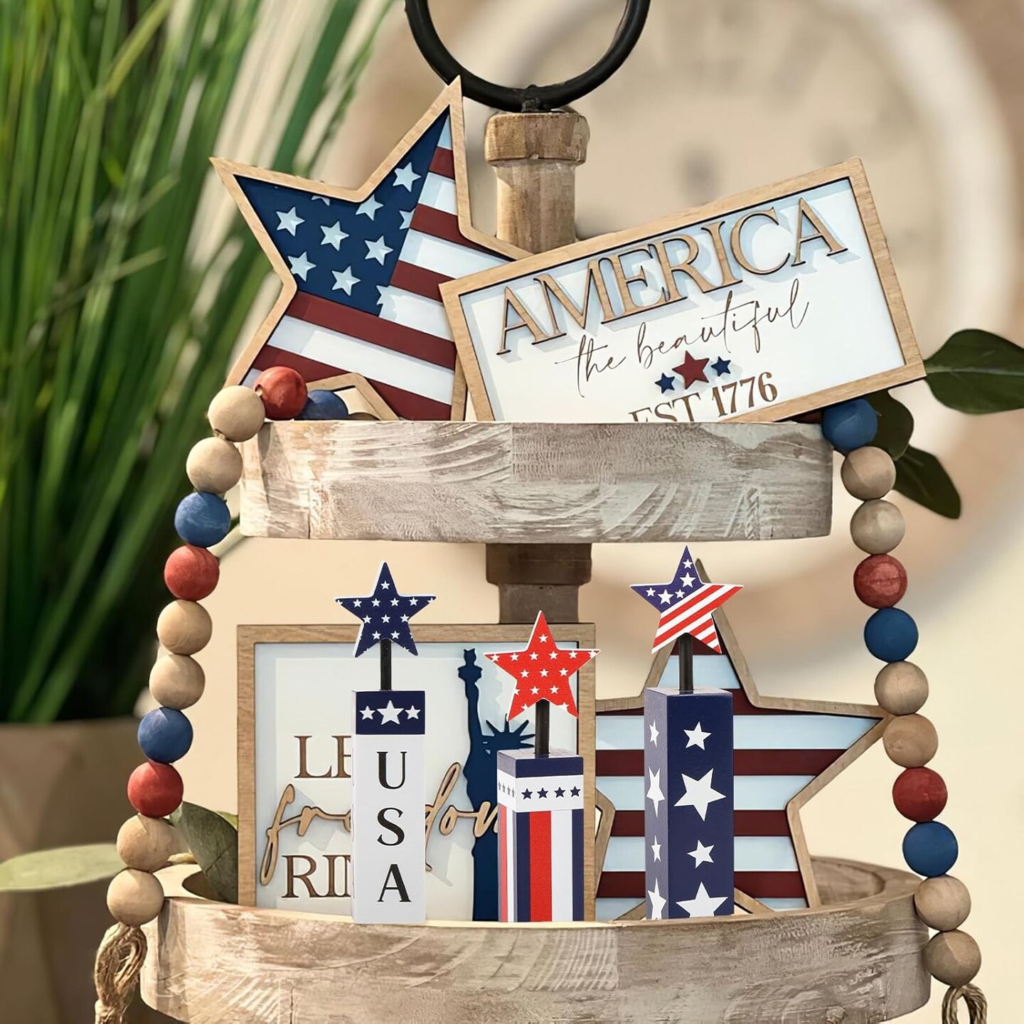 Wooden 4th of July Decorations Set, Red White Blue Decor, Patriotic Memorial Day Tabletop Decor, Labor Day Decorations, Fourth of July Decoration for Home Office Table (Flag Print)