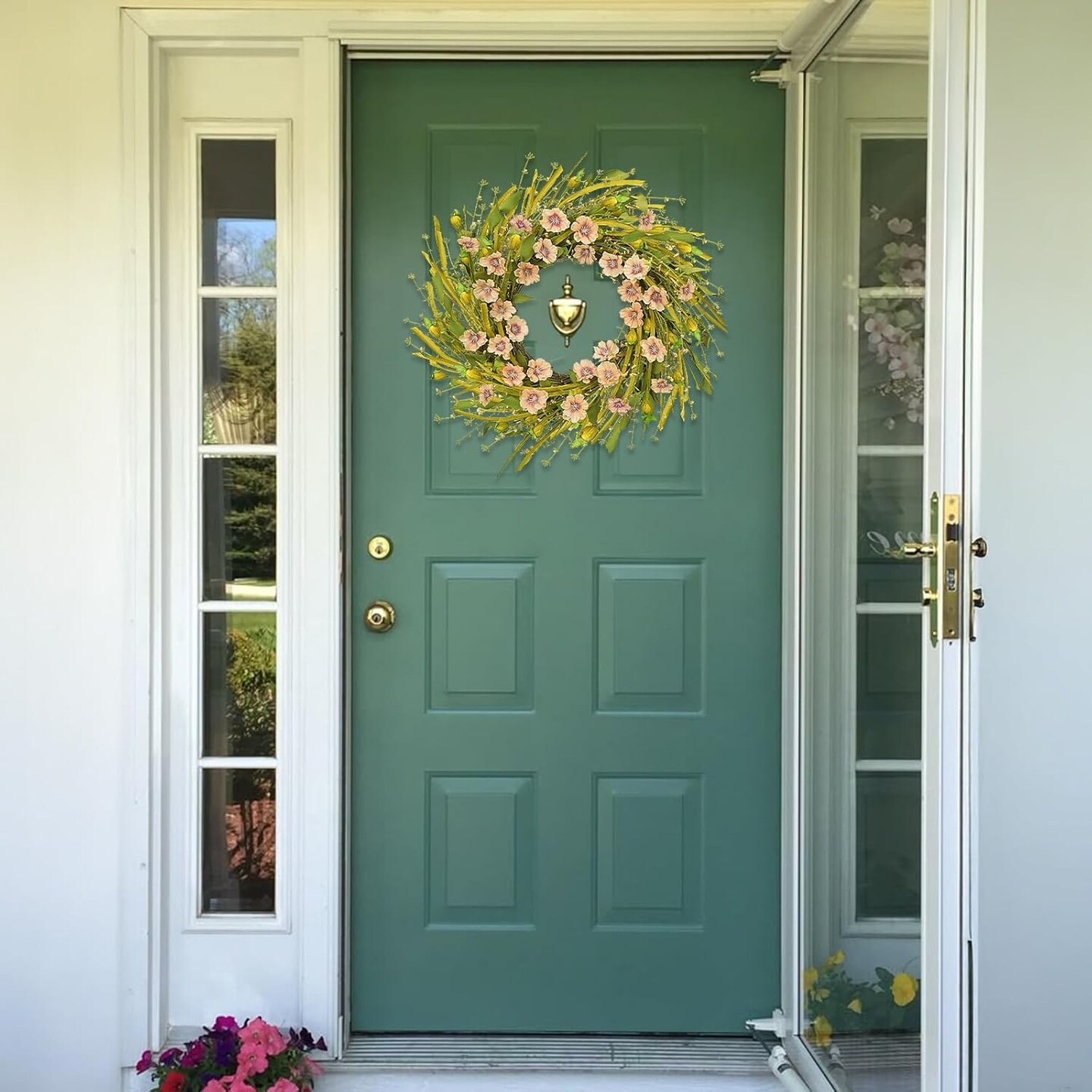 26 Inch Summer Champagne Daisy Wreath for Front Door with Freesia, Baby&#x27;s Breath Floral Wreath for Indoor Outdoor, Home Door Wall Window Wedding Party Festival Decorations
