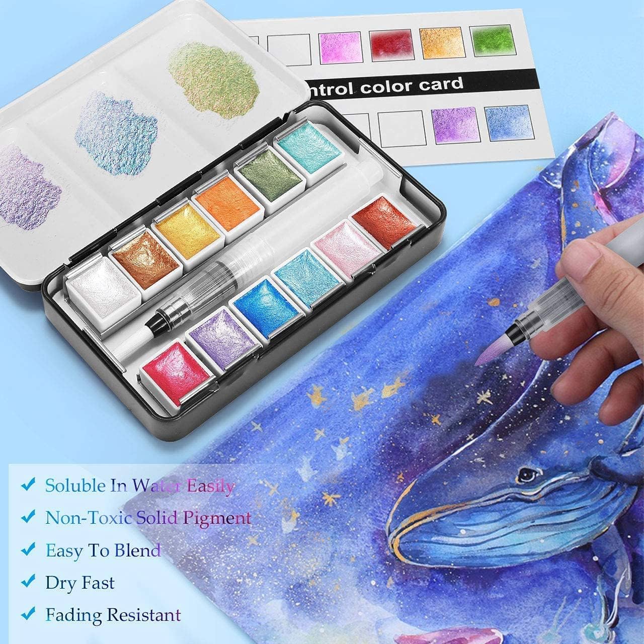 Metallic Watercolor Paints Set, Metallic Glitter Watercolour Solid Paint Include 12 Metallic Glitter Color 2 Water Brushes 2 Color Card Storage Bag