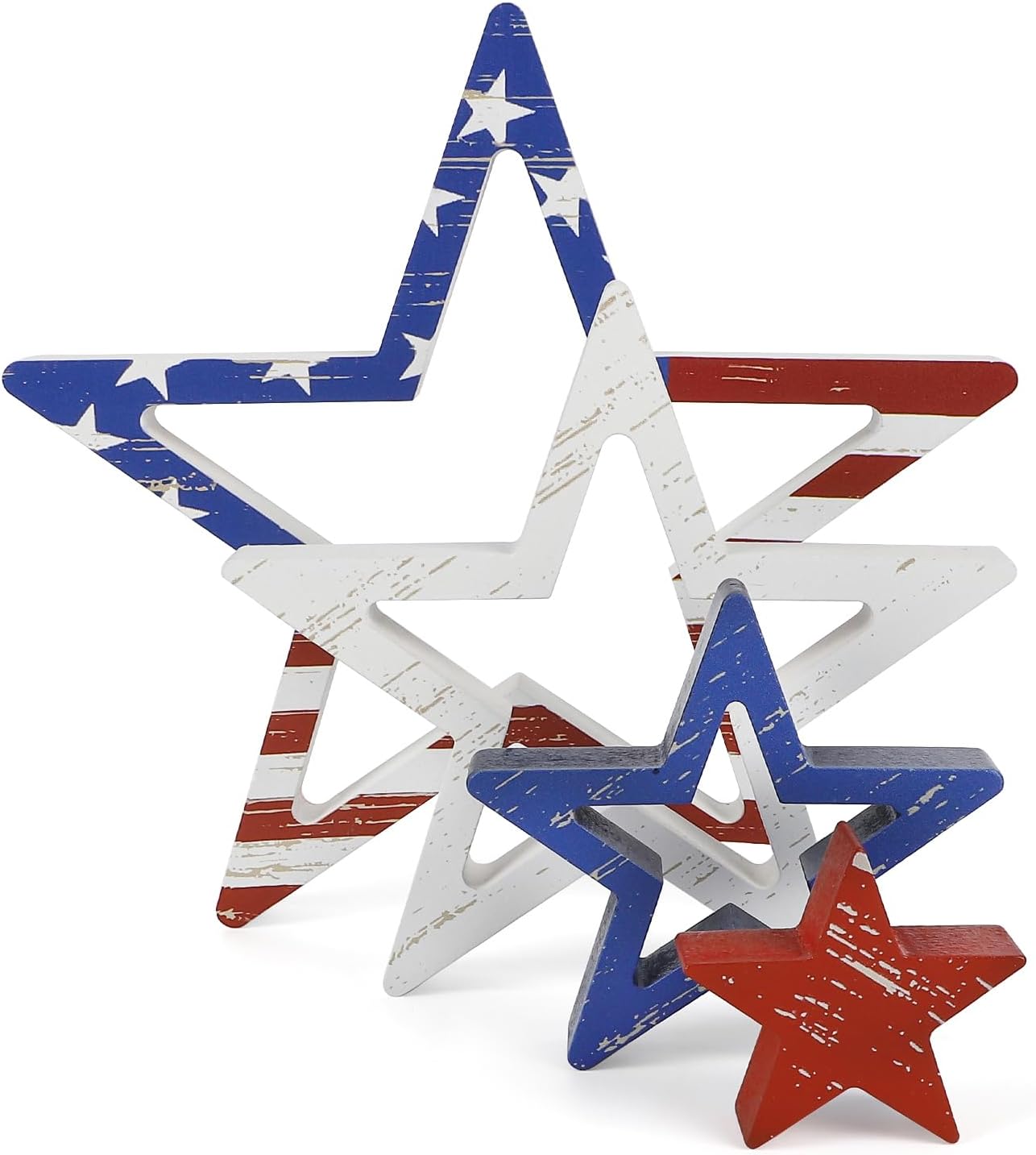 4th of July Patriotic Stars Set of 4 – Red, White & Blue Retro Flag Decor for Home, Office, Table, or Shelf
