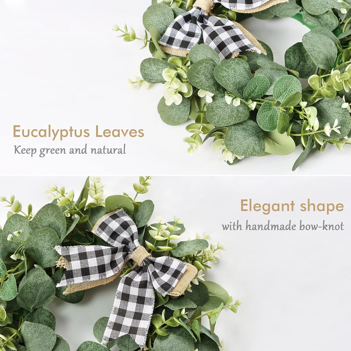 12&#x22; Artificial Eucalyptus Wreath with Plaid Bow | Spring Summer Green Leaf Wreath for Front Door Window Porch Farmhouse Decor Festival Celebration Home Decor (White&#x26;Black Plaid-Small)