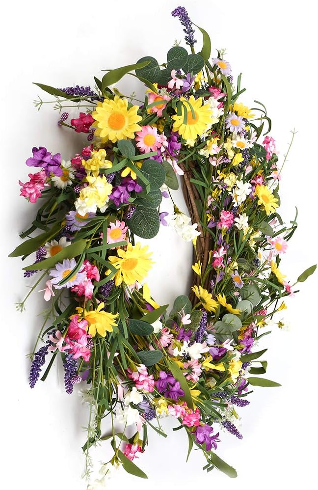 Summer Wreath 24 Inch Summer Wreaths for Front Door Artificial Flower Wreath with Daisy and Lavender for Indoor Outdoor and Easter Celebration