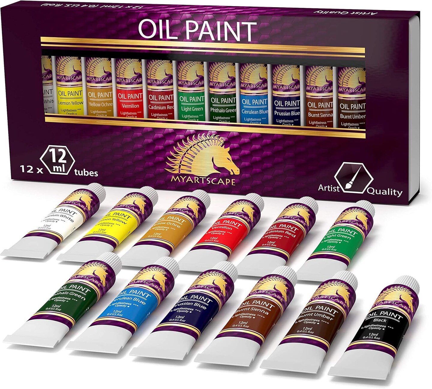 Oil Paint Set - 12 x 12ml Tubes - Lightfast - Heavy Body - Oil-based Vibrant Colors - High Pigment Load - Non-fading - Artist Quality Painting Supplies
