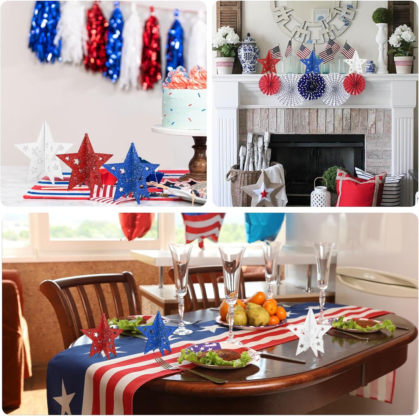 Labor Day Decorations Wooden Stars Set, 3D Glitter Star Memorial Day Tabletop Decor, 4th of July Red White Blue Patriotic Decoration for Home Table Desk Door Shelf (Cutout, Set of 3)