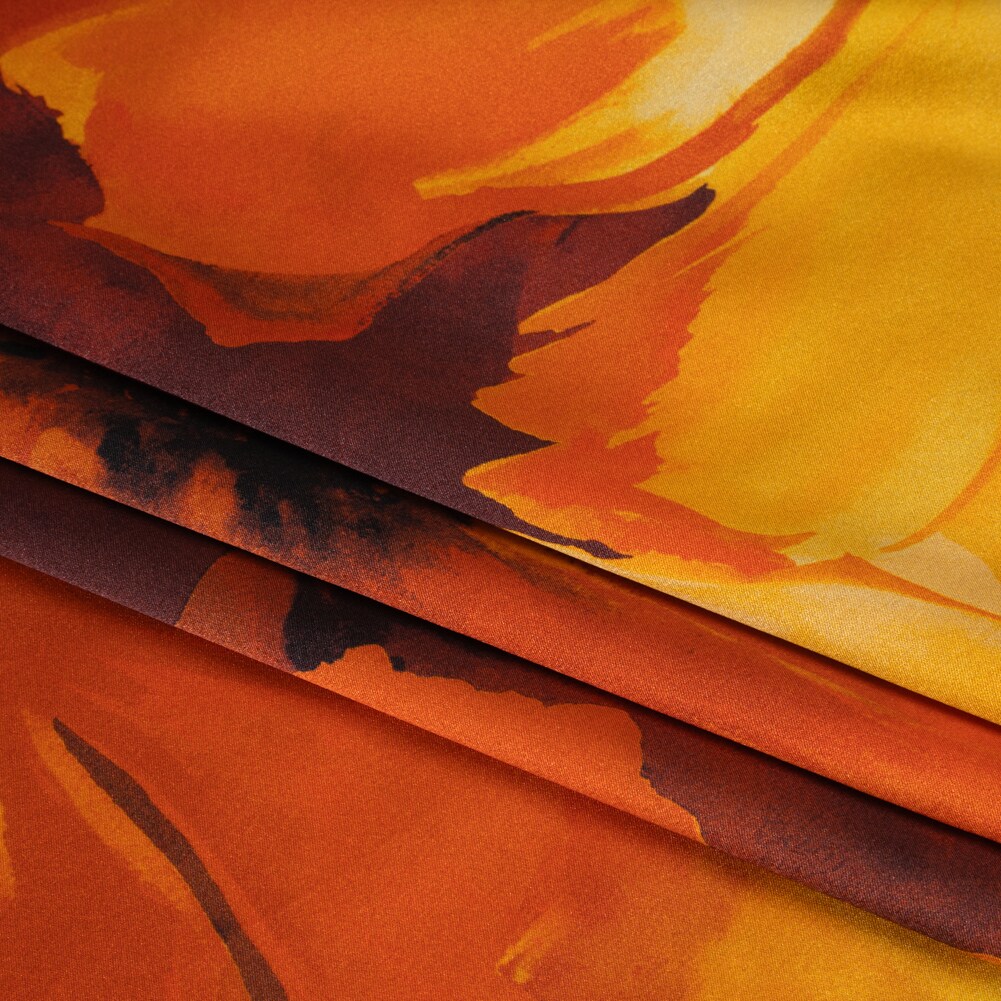 1 Yard Italian Dark Orange Golden Yellow and Russet Brown Painterly Flowers Silk Charmeuse Fabric 53 inch Width