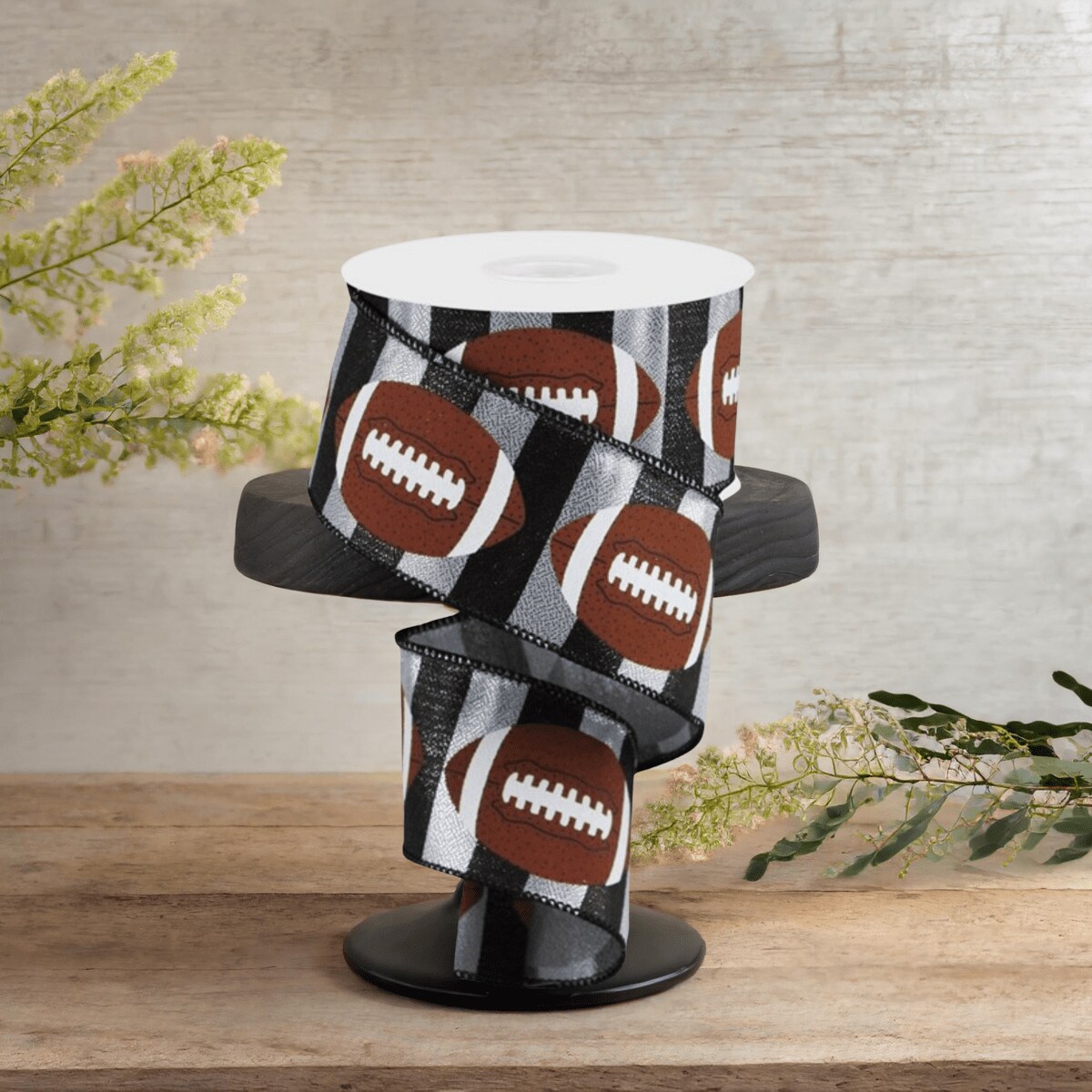 2.5&#x22; Footballs On Stripe Ribbon: Black &#x26; Silver (10 Yards)