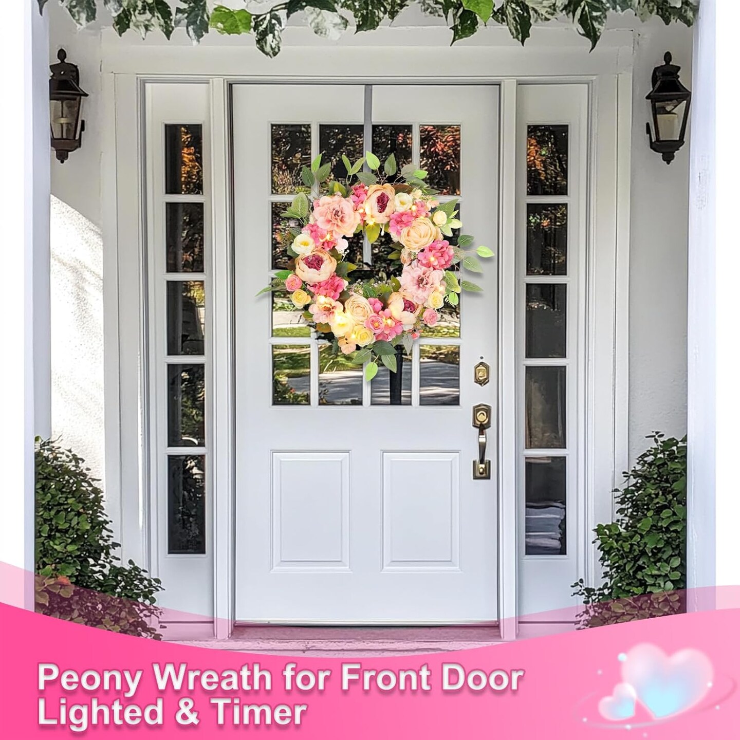 Peony Floral Wreath 22&#x22; Spring Wreaths for Front Door &#x26; Lights Timer Large Pink Peonies