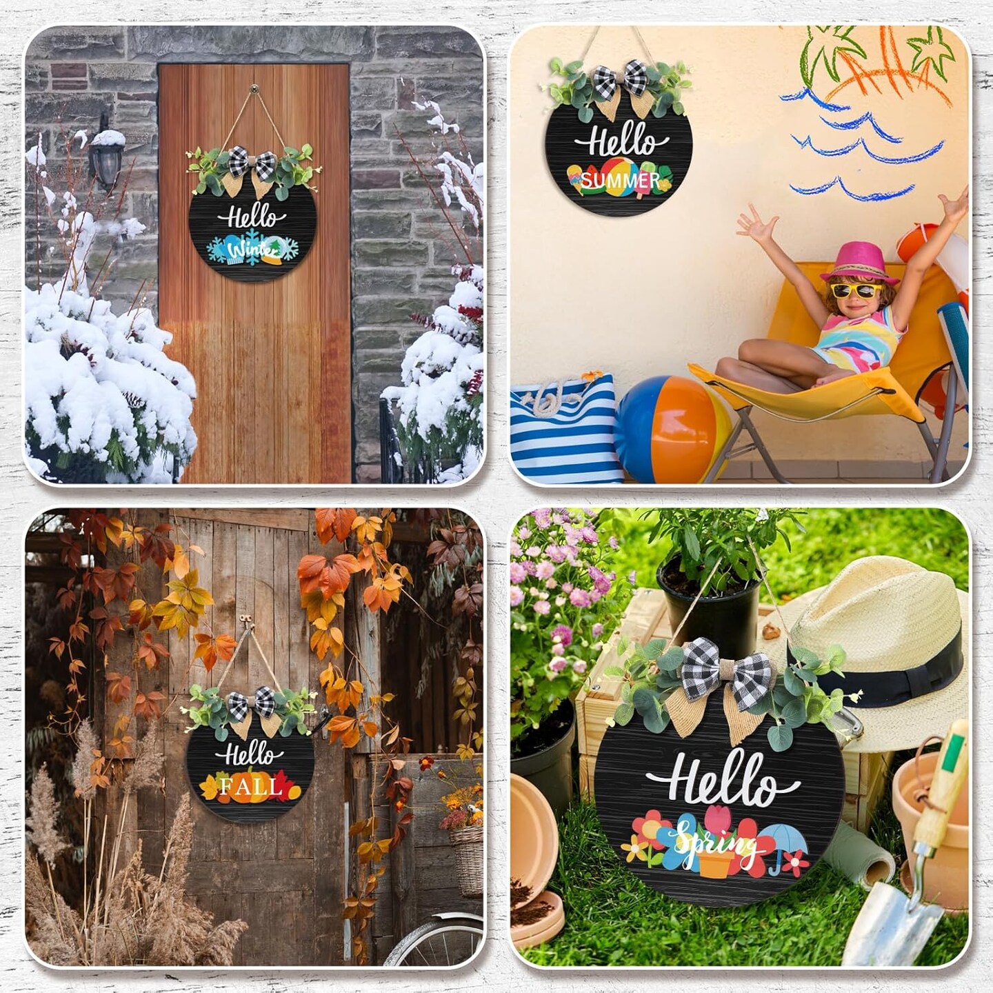 Interchangeable Wooden Seasonal Hello Sign Rustic Round Seasonal Wreaths