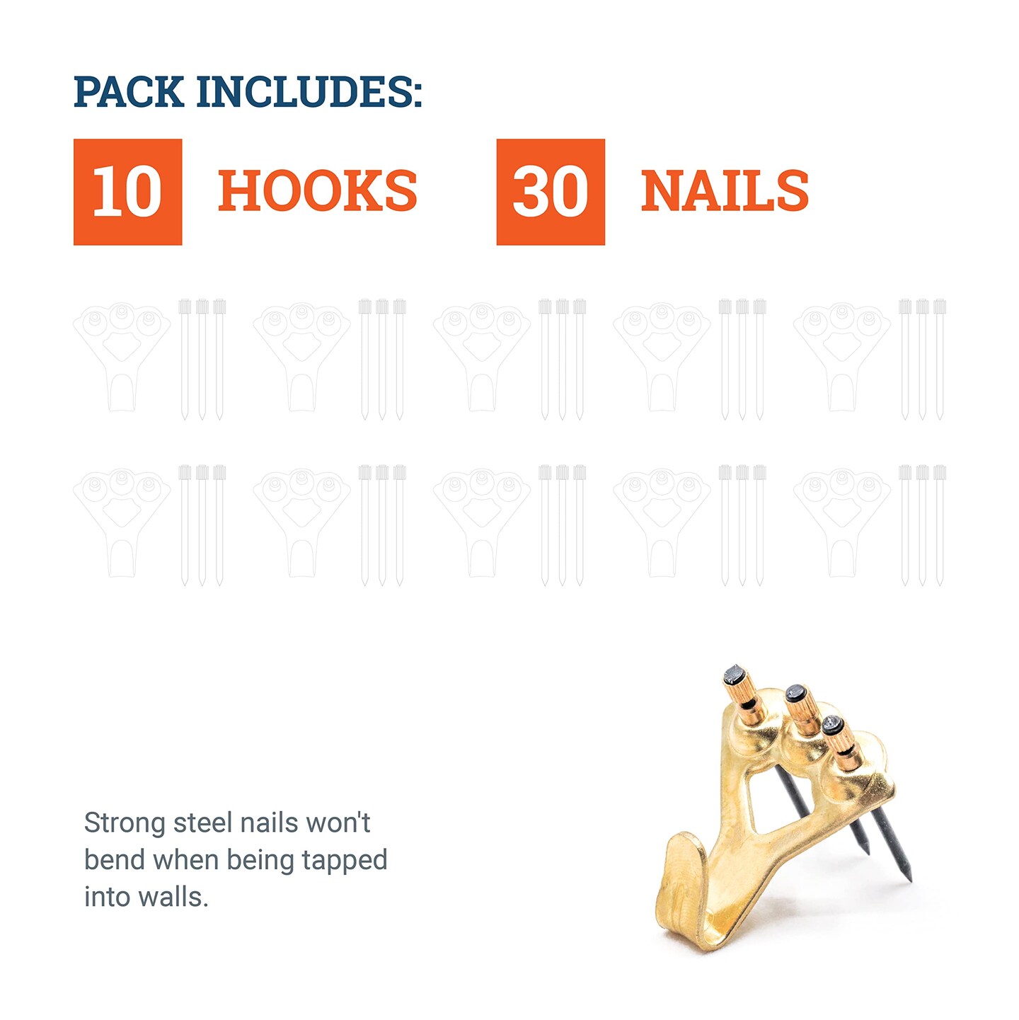 Heavy Duty Picture Frame Hooks Supports Up to 100 lbs - 10 Pack with Nails | Picture Hanging Hooks for Drywall - Mirror Hanging Hardware - Plaster Wall Frame Hangers