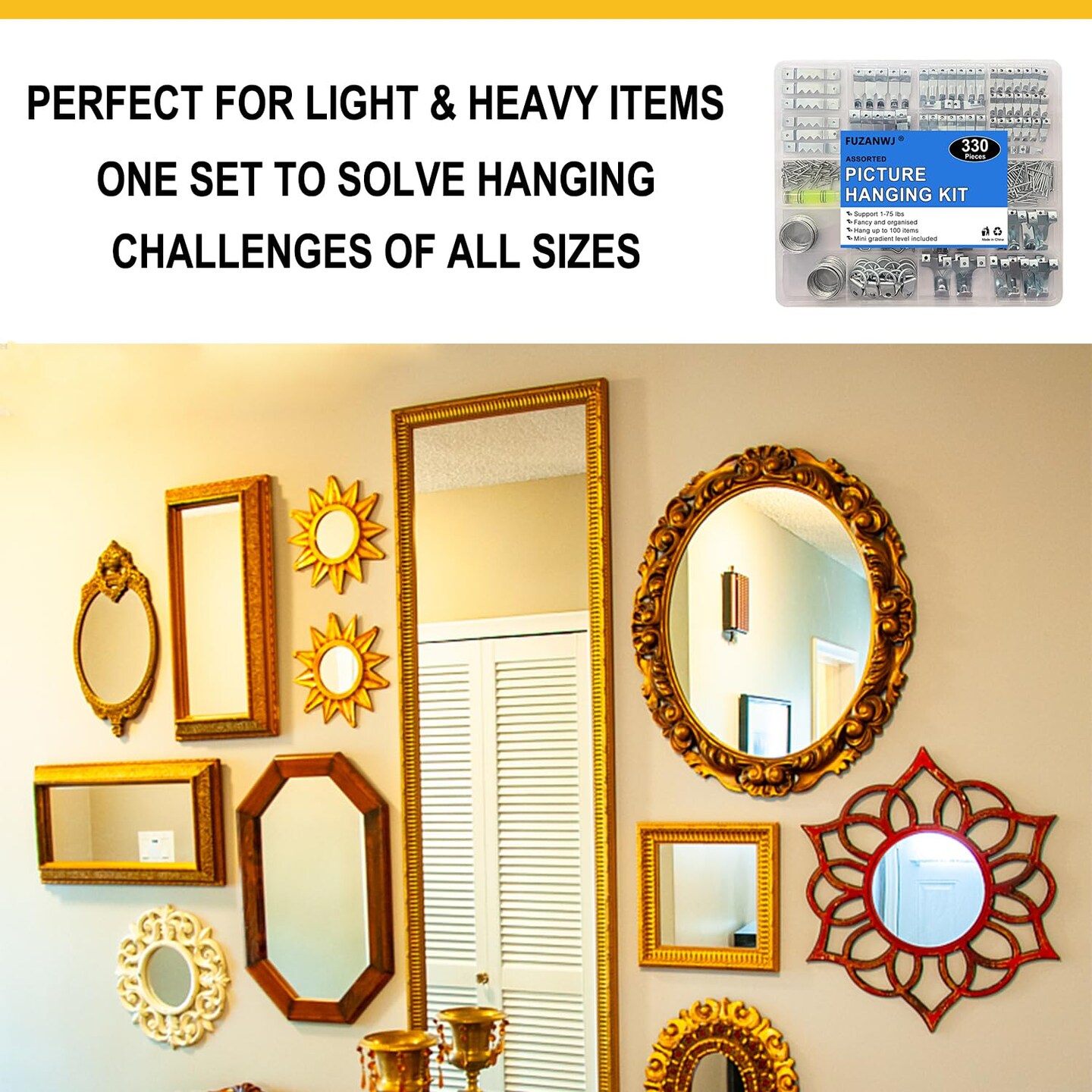 330pc Picture Hanging Kit - Wall Hangers, Nails, Wire, Screw Eyes, D Rings &#x26; Tool for Frame &#x26; Canvas Mounting