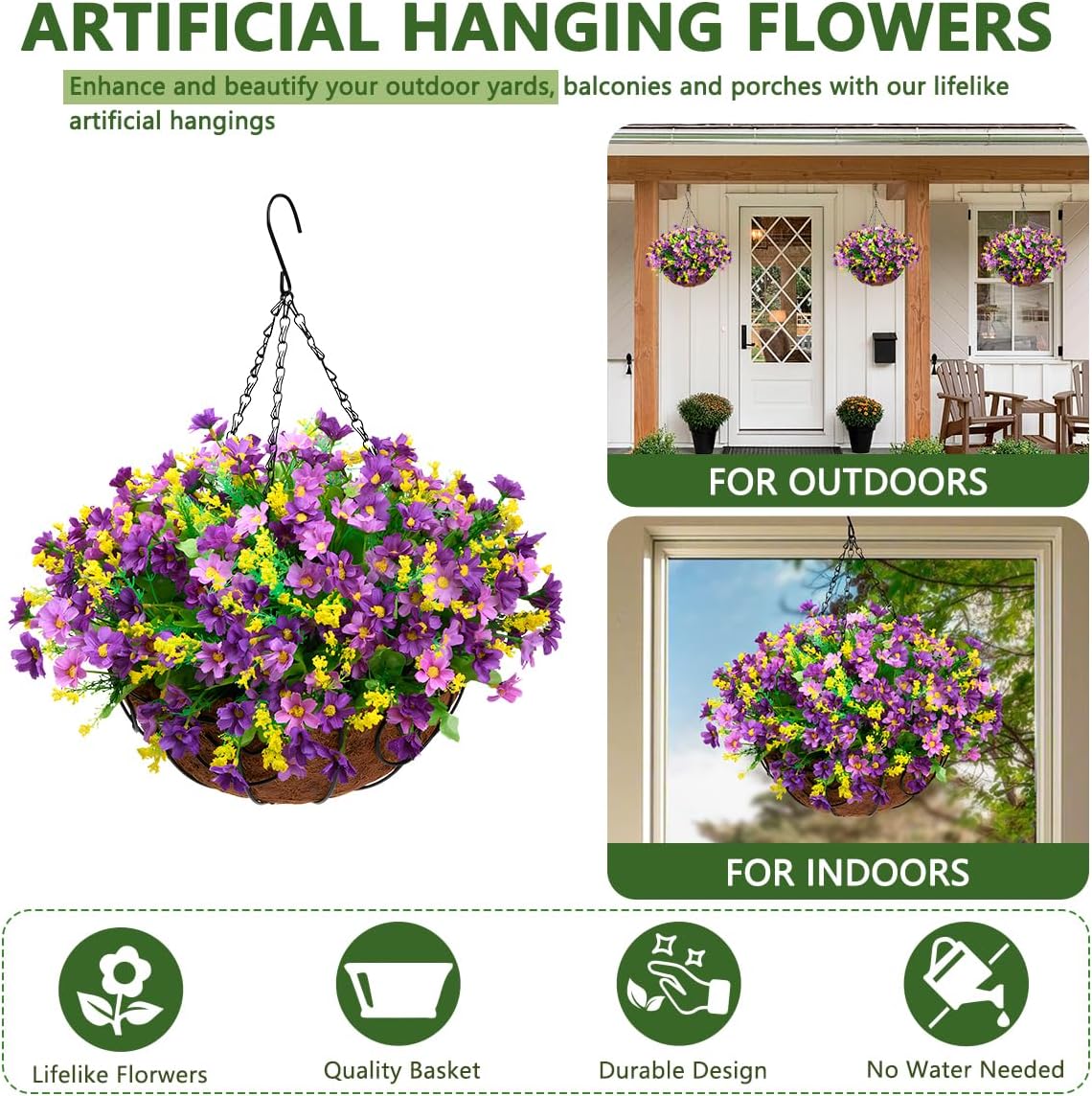 Artificial Hanging Flowers in Basket Outdoor Decoration,Fake Daisy Plants Arrangement,12inch Coconut Lining Pot,Outdoor Indoor Patio Lawn Garden Porch Summer Decor (Dark Purple)