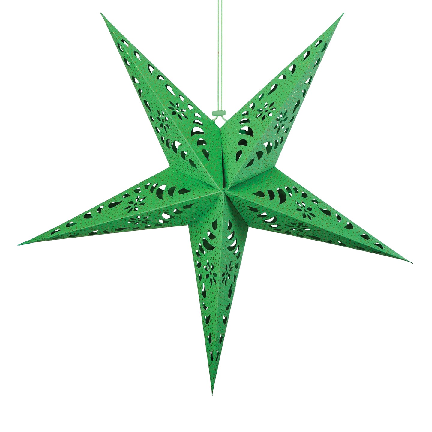 In the Breeze 9178 &#x2014; Green Paper Star Lantern &#x2014; Hanging Party and Home D&#xE9;cor with Painted Gold Accents &#x2014; Handmade, Dyed Paper