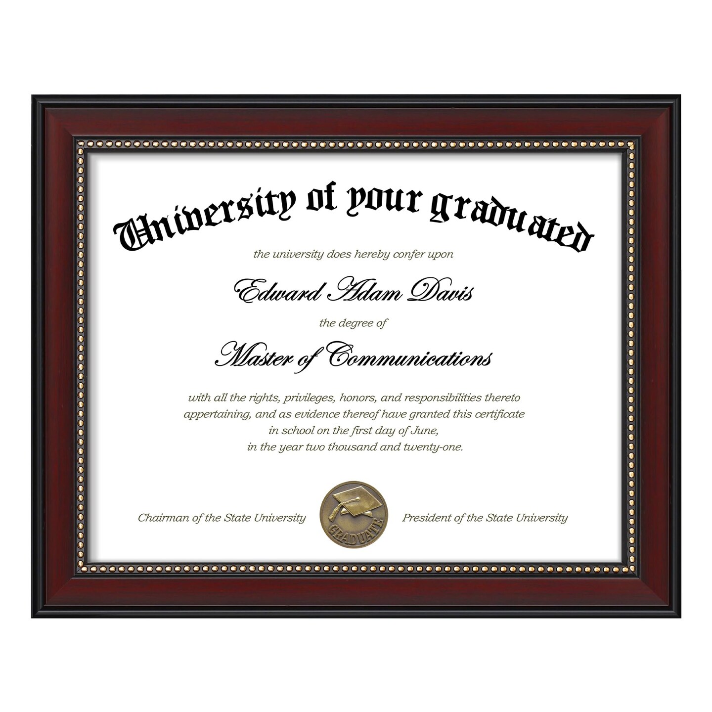 8.5x11 Diploma Certificate Frame with High Definition Glass, Degree Document Frame for Wall and Tabletop, Mahogany with Gold Beads, 1 Pack