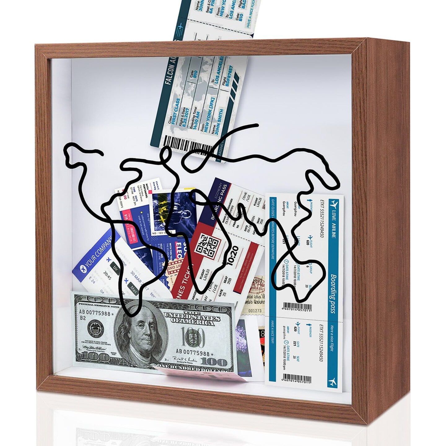 Adventure Archive Box 12x12inch Gifts for Dad Father From Wife/Daughter/Son, Wooden Travel Shadow Box with Slot, Loading Tickets Display Case Memories Travel Box Frame for Keepsake, Dark Brown