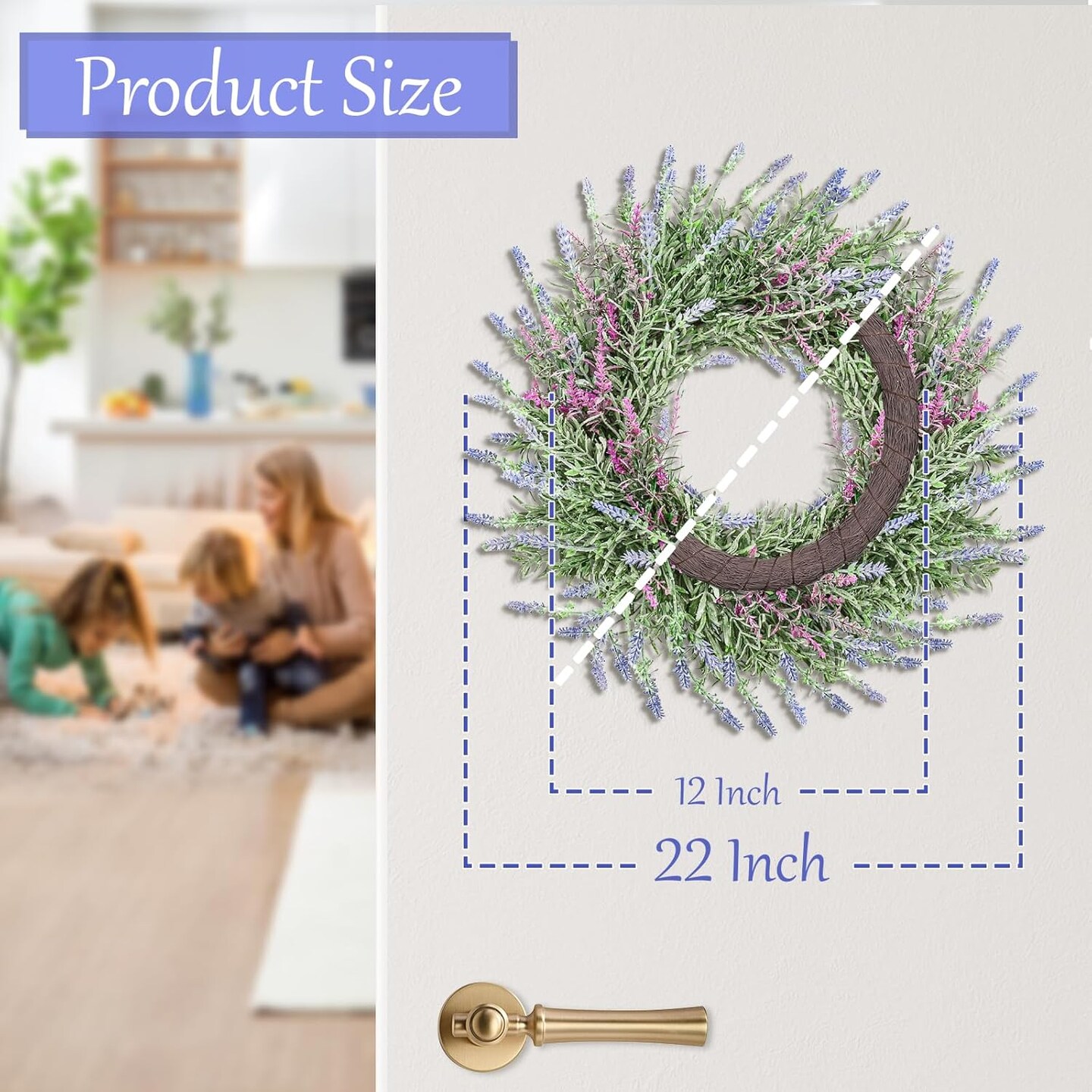 22 Inch Purple Lavender Wreath for Front Door, Artificial Lavender Wreaths