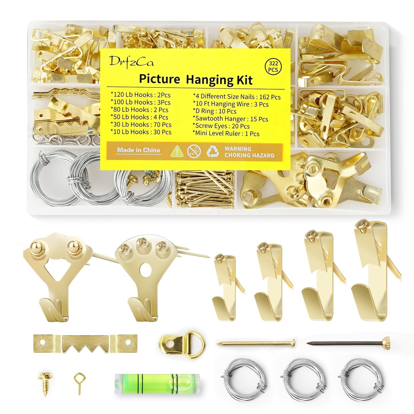 Picture Hanging Kit, 322 Pcs Picture Hangers, with 10-120lb Picture Hanging Hardware, Sawtooth Picture Hanging Assortment Kit, Screw Eyes, D Rings, Nails, Screws, Steel Wire,Picture Frame Hooks