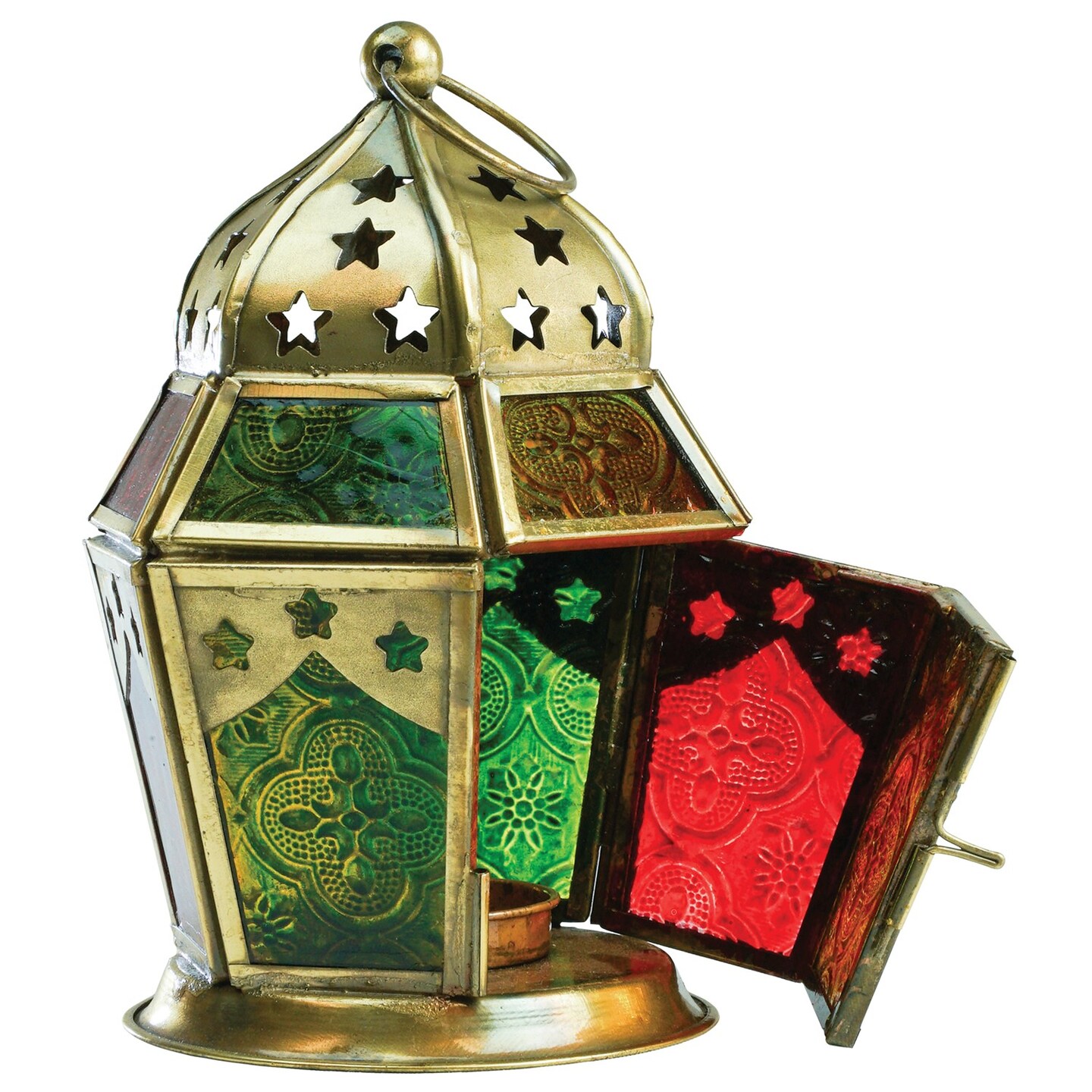 In the Breeze 9211 — Red, Yellow & Green Hex Tealight Lantern — Moroccan-Style Boho Chic Tealight Glass and Metal Tabletop Lantern