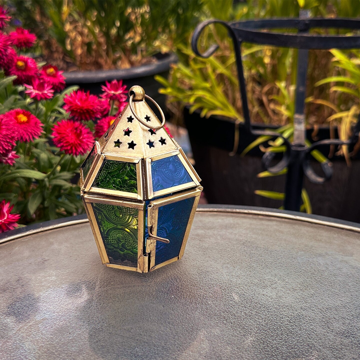 In the Breeze 9205 &#x2014; Blue &#x26; Green Mini Hex Tealight Lantern &#x2014; Moroccan-Style Boho Chic Tealight Glass and Metal Tabletop Lantern