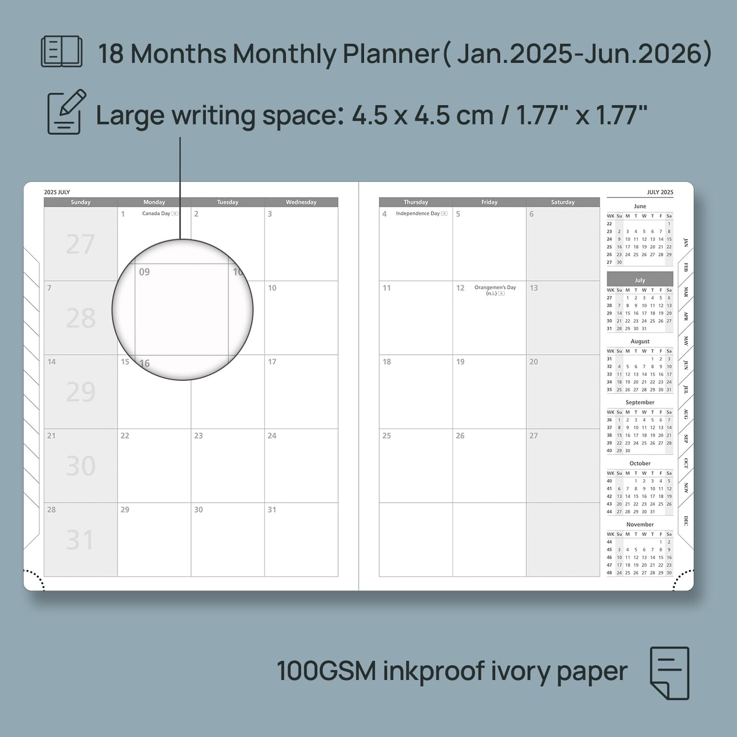 POPRUN Monthly Planner 2025-2026 (Large- 8.5&#x22; x 10.5&#x22; Soft Cover), 18-Month Calendar Book (January 2025-June 2026), Calendar Planner with Monthly Tabs &#x26; Pocket, 100 GSM Paper - Black