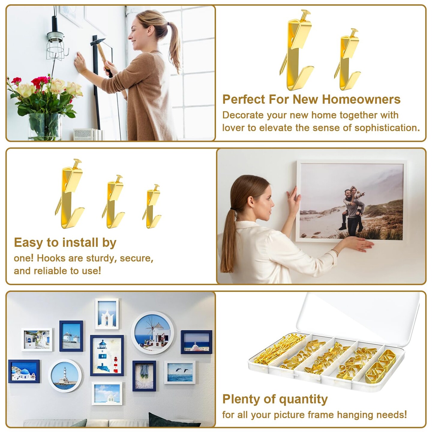 202 PCS Frame Hanger Kit, 10lb, 20lb, 30lb, 50lb&#x26;100lb Picture Hanging Hardware Kit, Picture Hanging Tool, Pcture Hangers,Picture Frame Hanging Kit, Picture Hooks for Pictures, Canvas, Mirror (Gold1)