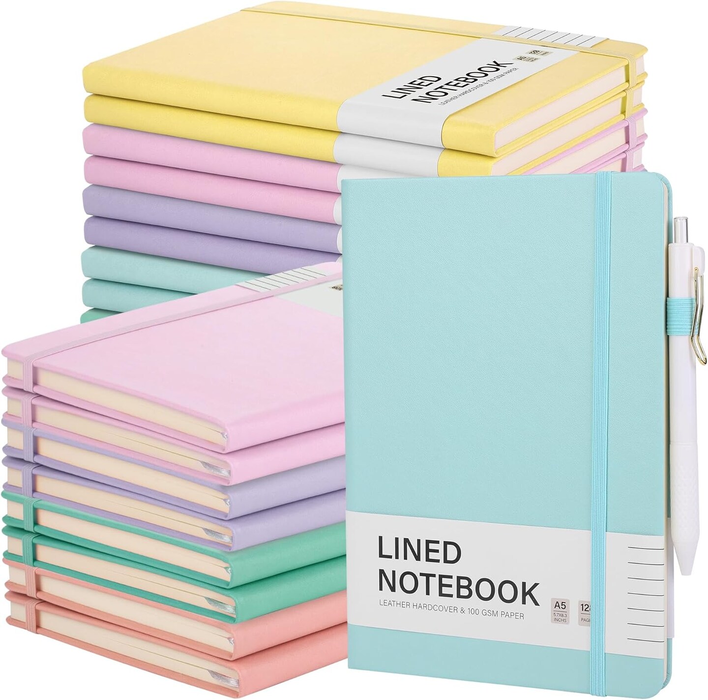 30 Set Lined Notebook Journals with Pens A5 Notebooks 100 GSM College Ruled Hardcover Notebook PU Leather Notepad with Pen Holder for Office School