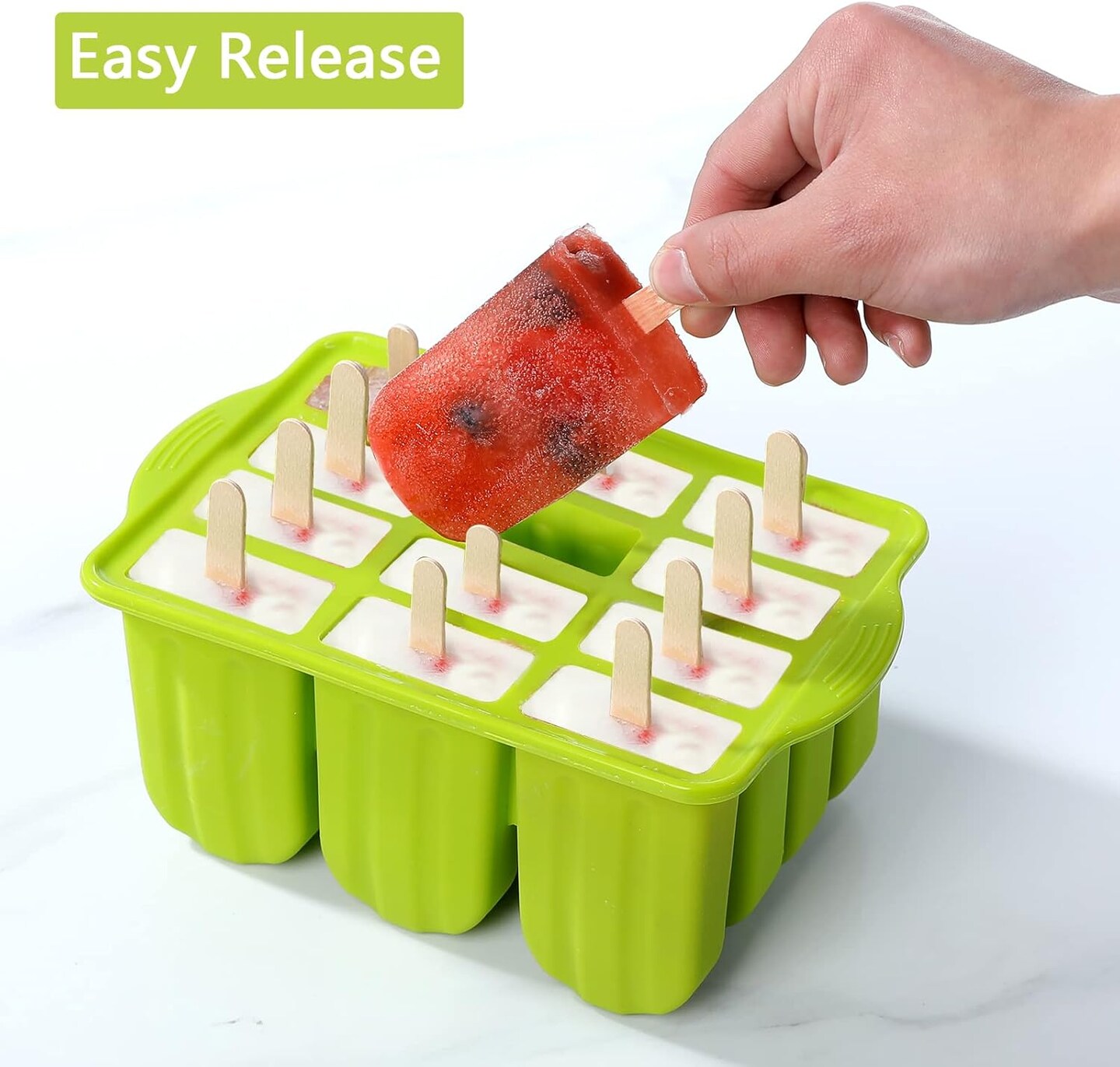 Popsicles Molds Set, 12 Cavity Homemade Maker Ice Pop Mold, Silicone Freezer Molds with 50 Popsicle Sticks 50 Popsicle Bags 50 Ties Funnel Recipes and Brush (Pin k)