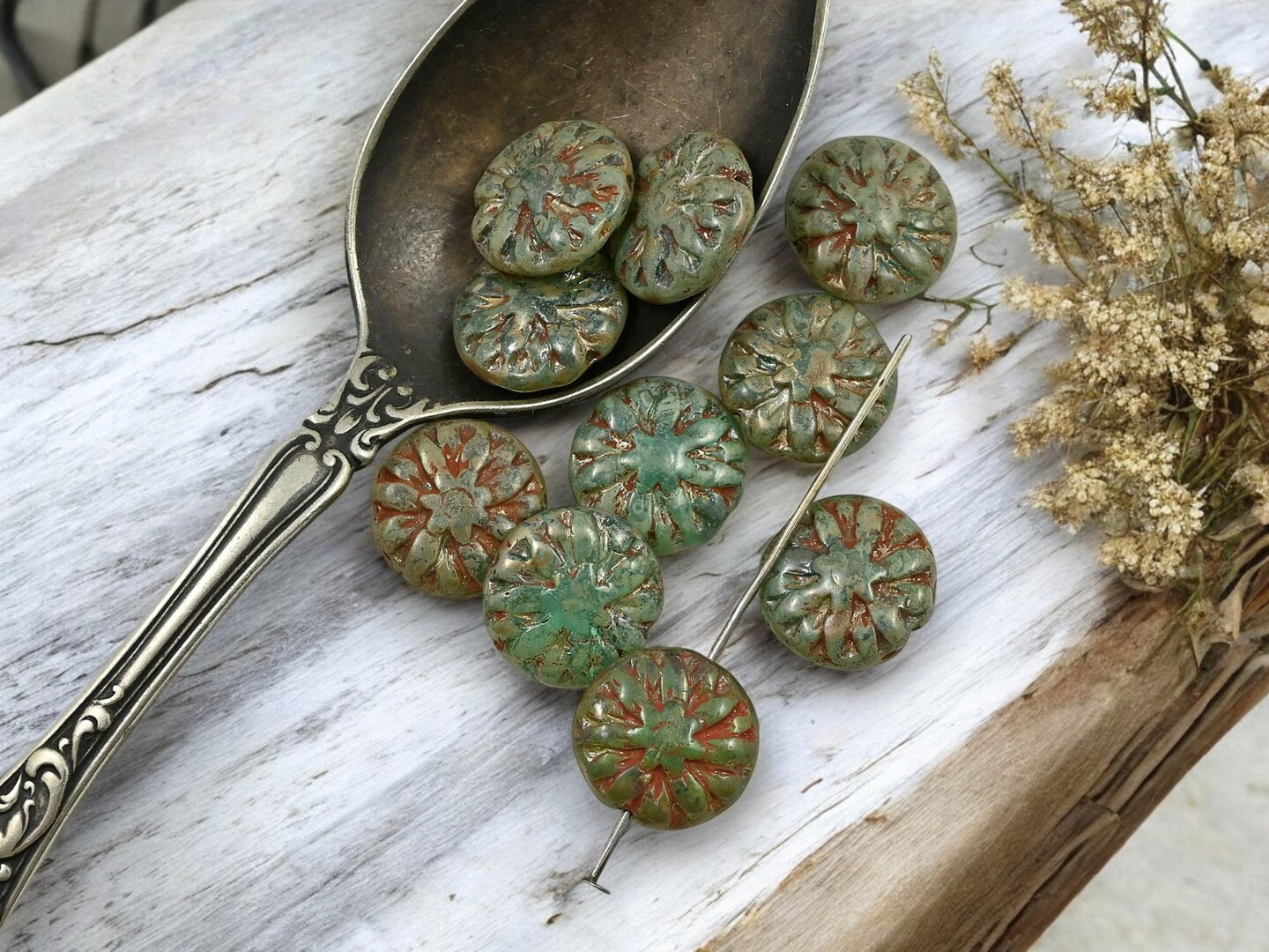 *10* 14mm Antiqued Aqua Picasso Luster Dahlia Flower Coin Beads