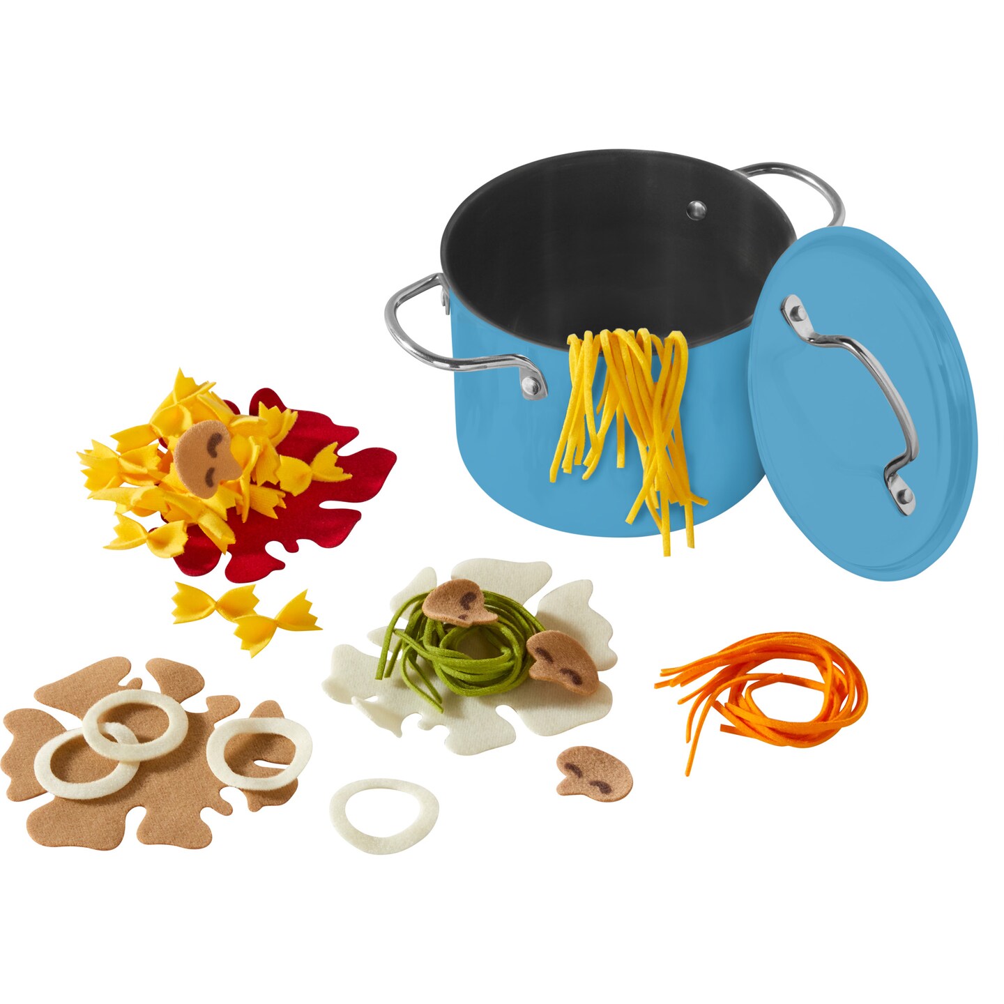 HABA Felt Pasta Cooking Set with Metal Pot & Toppings, Pretend Play Kitchen Toy for Kids & Toddlers 3 Years and Up