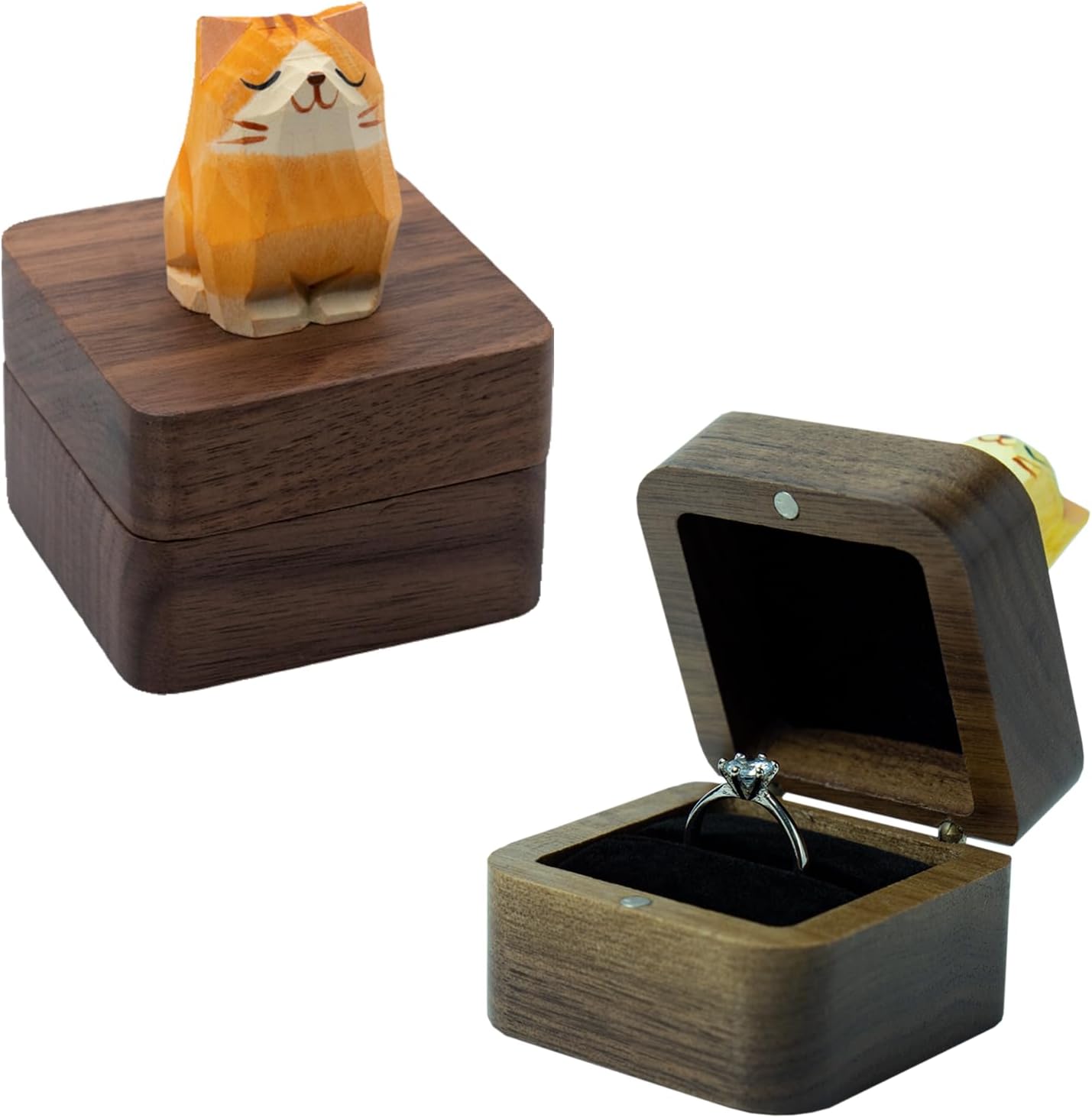 Hand-Carved Cat Wooden Ring Box - Magnetic Closure &#x26; Shockproof Sponge Vintage Jewelry Ring Holder Box, Personalized Square Wedding Ring Box