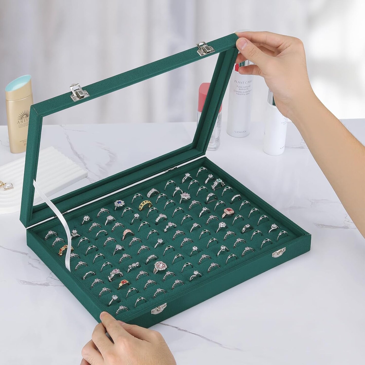 100 Slots Ring Organizer Display Tray, Velet Jewelry Ring Stud Earring Holder Storage Box with Transparent Lid
