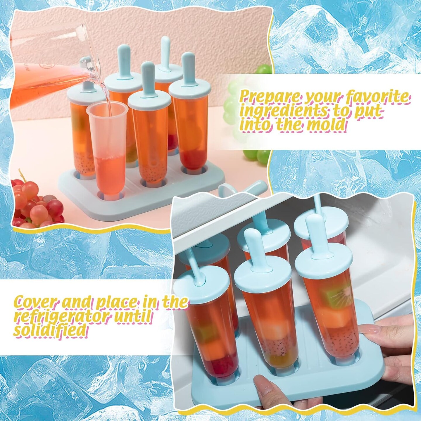 6 Sets 36 Pcs Ice Cream Mold, BPA Free Kids Food Grade Reusable Plastic Ice Cream Tray Holder with Sticks, Easy Release Ice Pop Maker with Funnel and Brush, 3 Colors for DIY Freezer Homemade