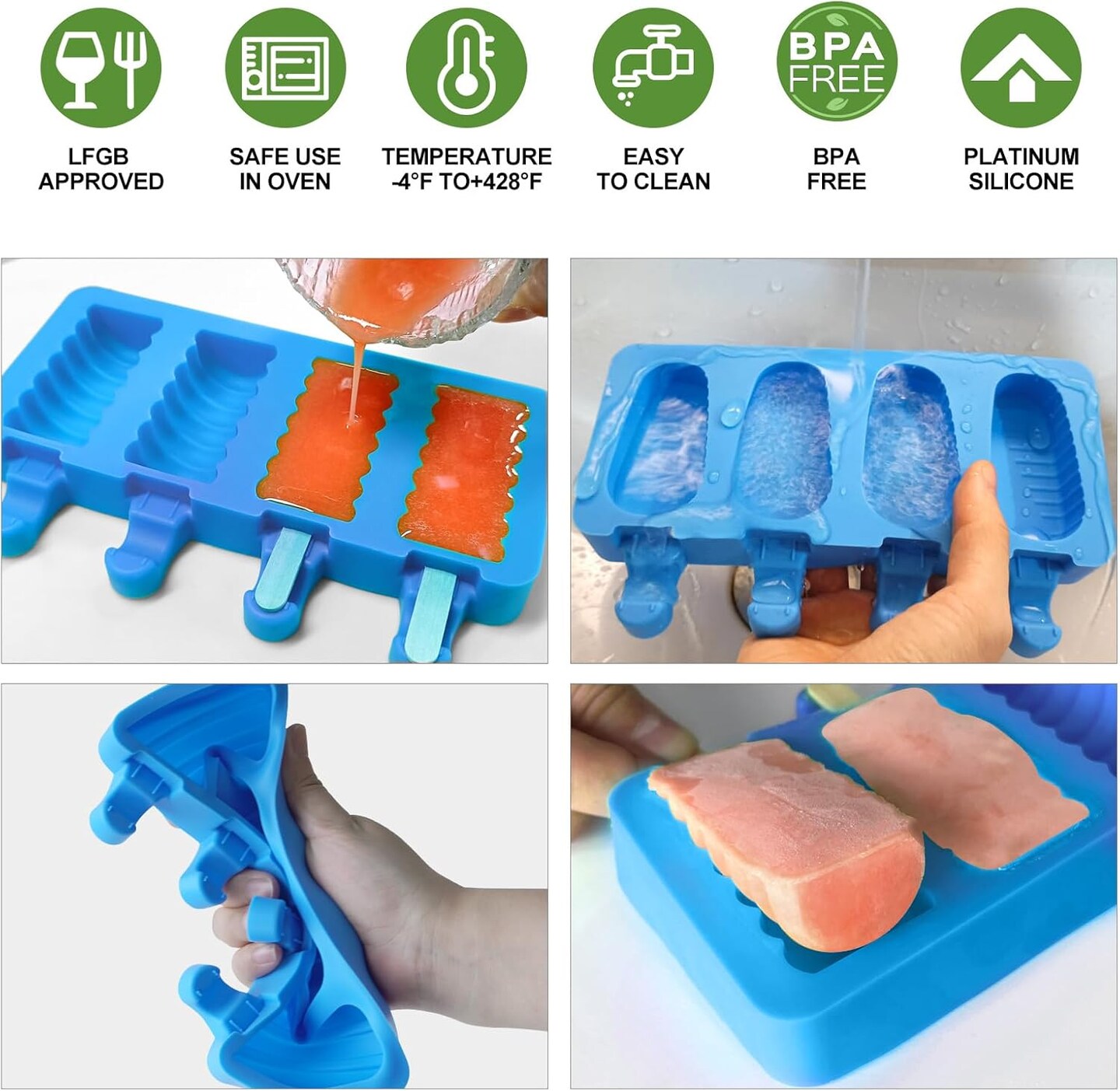Popsicle Molds Set of 3,Ice Pop Molds Silicone 4 Cavities Ice Cream Oval Cake Pop Mold,with 50 Wooden Sticks for DIY Popsicle,Cake Pop, Ice Pop, Cakesicles(blue)