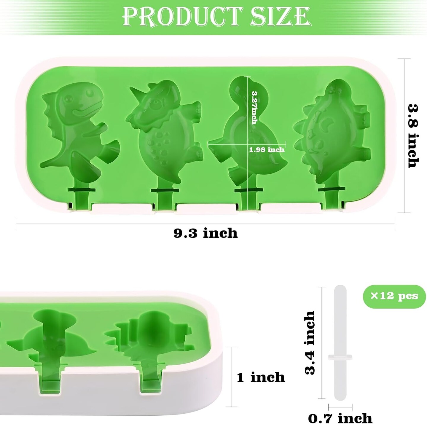 2 Pack Silicone Popsicle Molds with Lid, 4-Cavity Mini Popsicle Molds for Kids - Cars, Ships, Train, Rocket and Dino Shapes (Green & Blue)