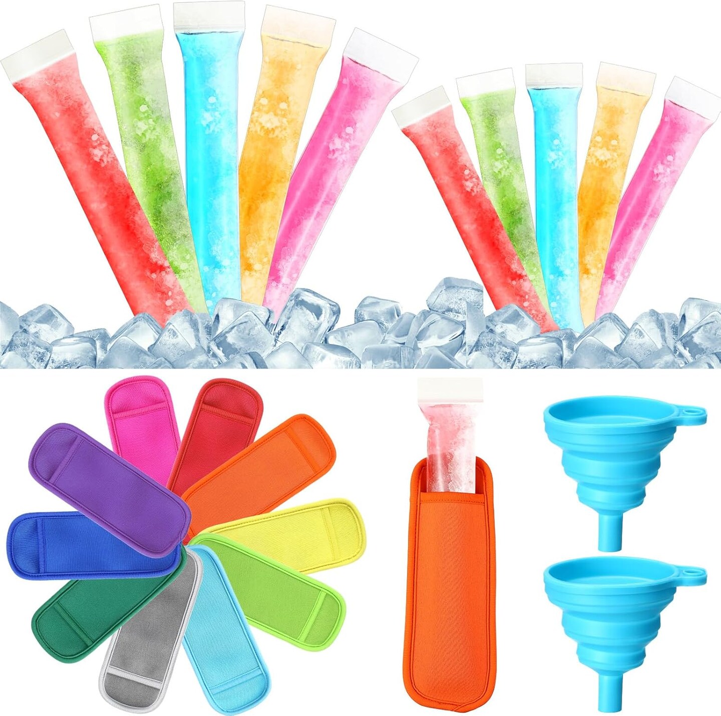 400 Piece Ice Mold Bags with Zip Seal Disposable Yogurt Tubes 2 Sizes with 2 Funnels 10 Reusable Ice Pop Sleeves for DIY Healthy Snacks, Juice, Yogurt Sticks, Fruit Smoothies