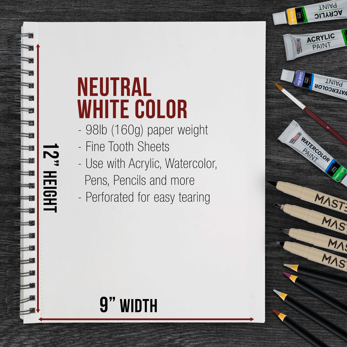 9&#x22;x12&#x22; Mixed Media Sketchbook, 2 Pack (60 Sheets), 98 lb (160 gsm) - Spiral-Bound Pad with Perforated Acid-Free Paper - Artist Sketch Book For Drawing, Painting, Watercolor