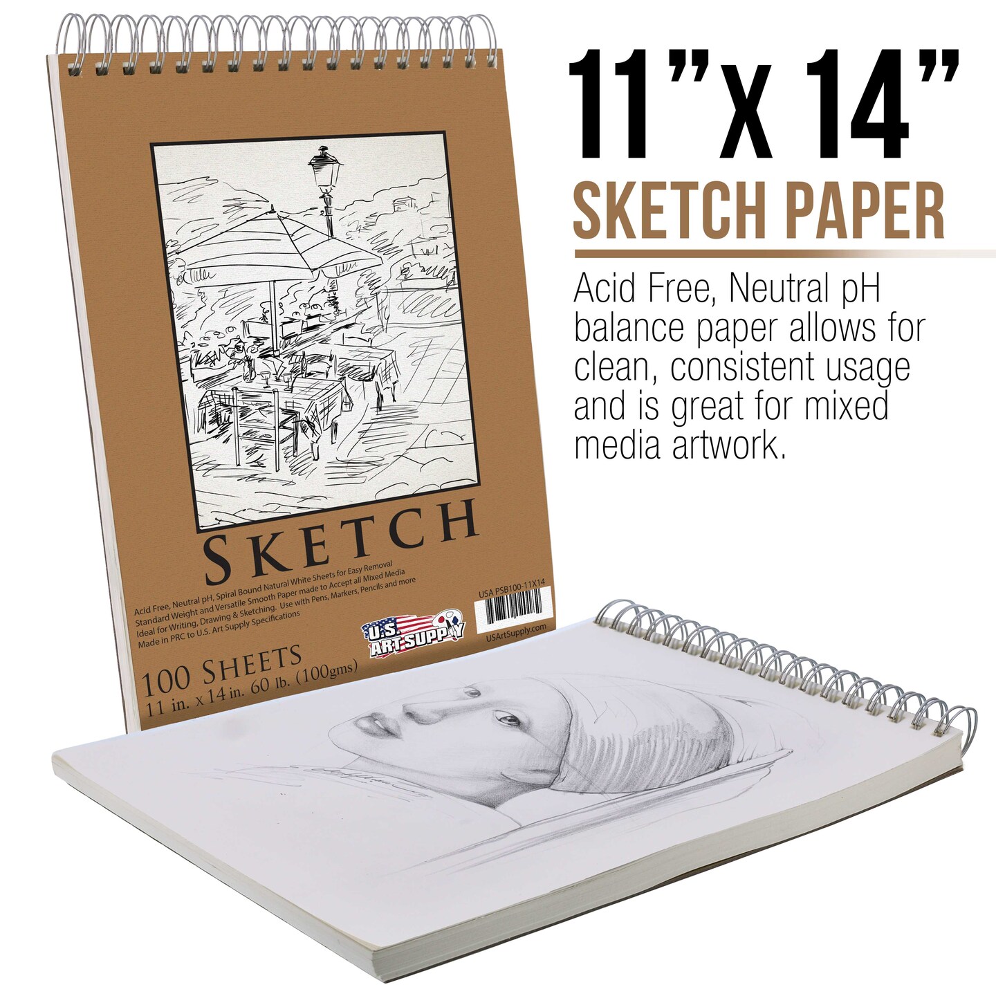 11&#x22;x14&#x22; Top Spiral Bound Sketch Book, 2 Pack, 100 Sheets Each, 60lb (100gsm), Acid-Free, Artist Sketchbook, Drawing Pad for Adults &#x26; Students