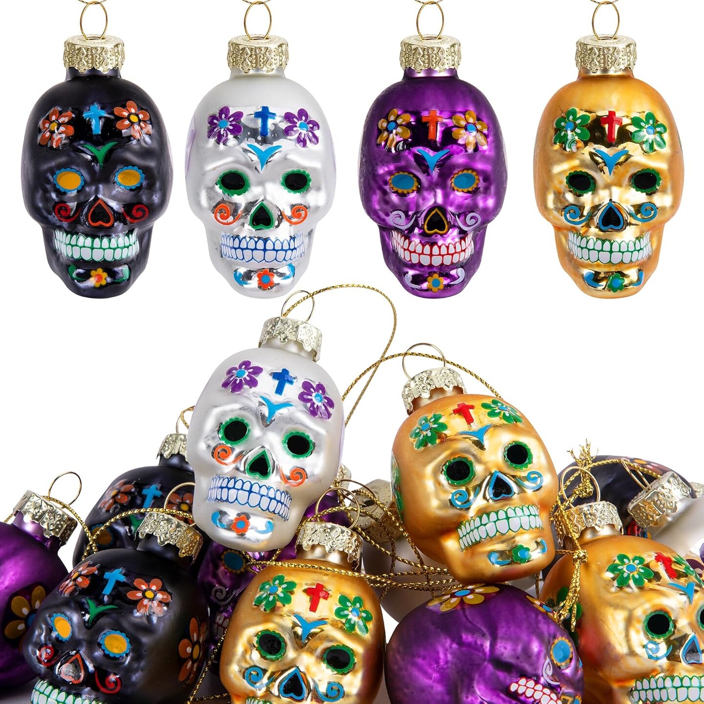 12 Pcs Day of The Dead Glass Ornaments (Skull)