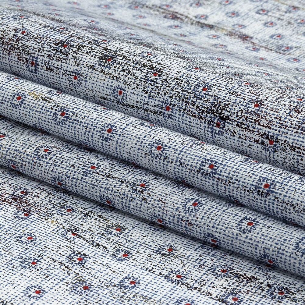 1 Yard Red and Blue Flowers and Dots Cotton and Polyester Shirting with Distressed Foil Topcoat Fabric