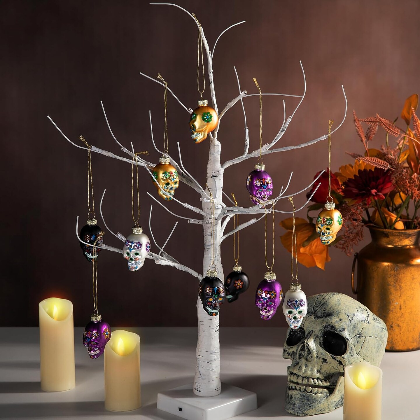 12 Pcs Day of The Dead Glass Ornaments (Skull)
