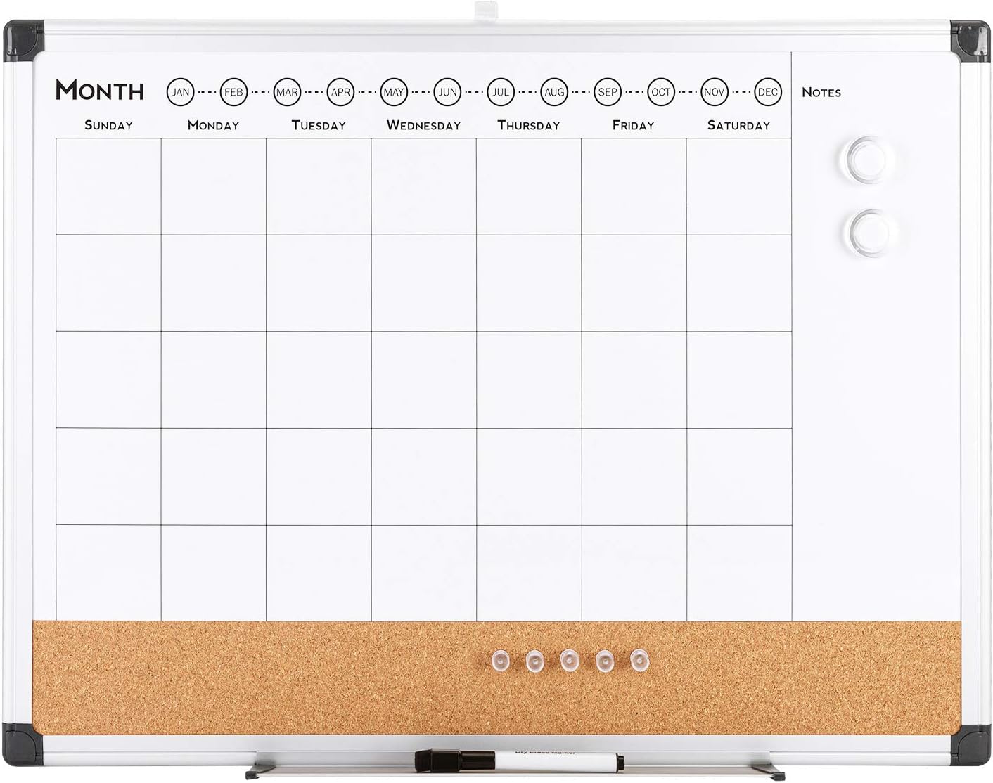 VUSIGN Monthly Calendar Whiteboard Dry Erase Cork Board Combo, 24&#x22; x 36&#x22; Planning Board, Silver Aluminium Frame