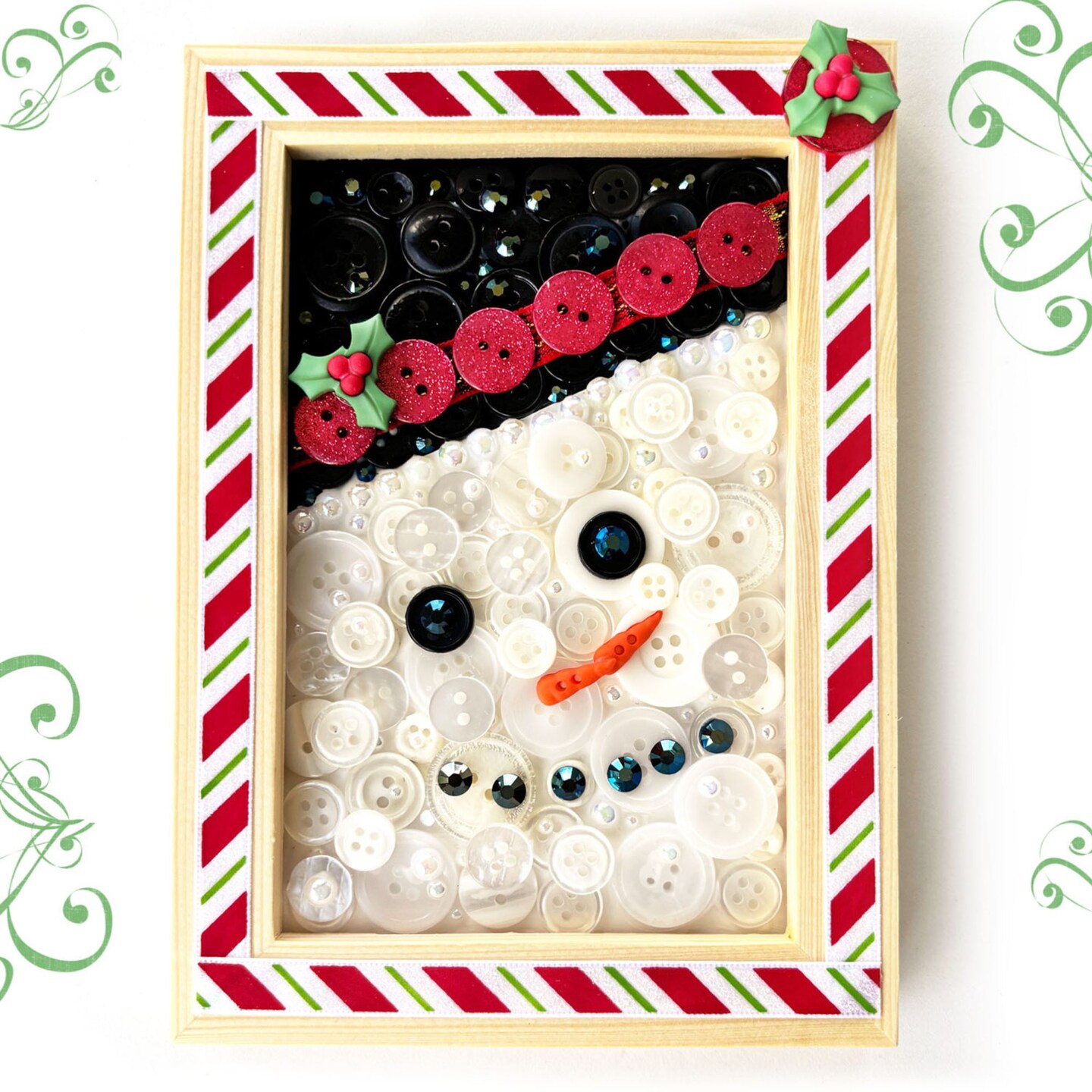 Buttons Galore & More Winter Snowman DIY Button Art Frame Kit, Natural Wood with Black White Buttons, 5x7 Inches, Holiday Wall Decor, Ages 6+