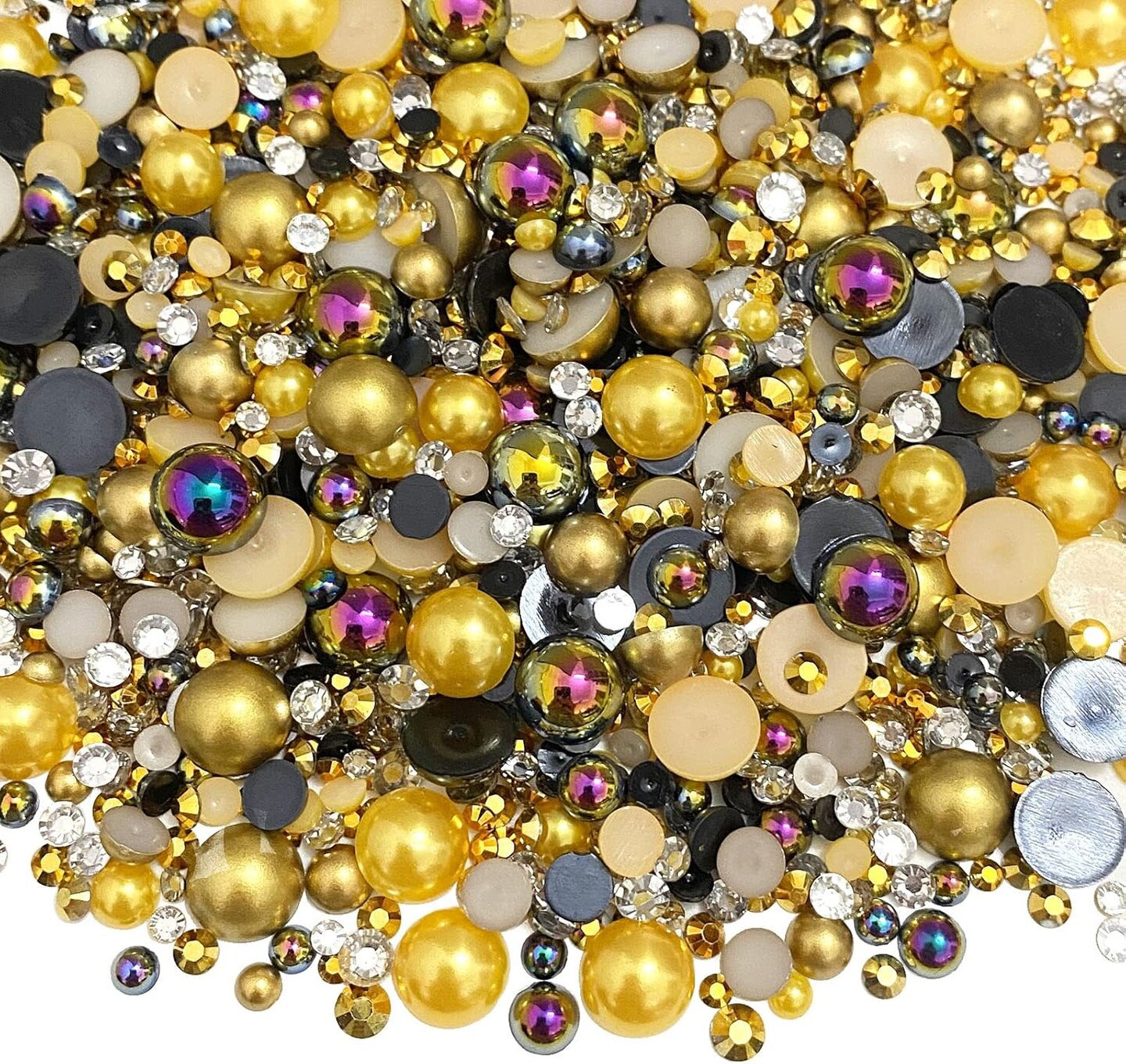 50g Mixed Size Flatback Resin Rhinestones & Half Pearls – 3mm-10mm AB Color for DIY Crafts, Nail Art, Shoes, Clothing, Tumblers, and Scrapbooking (Gold Series)