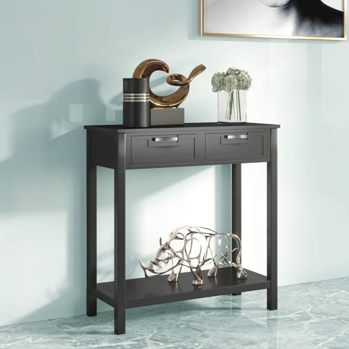 Modern Acacia Wood Entryway Table with Drawers Waterproof MDF Accent Cabinet
