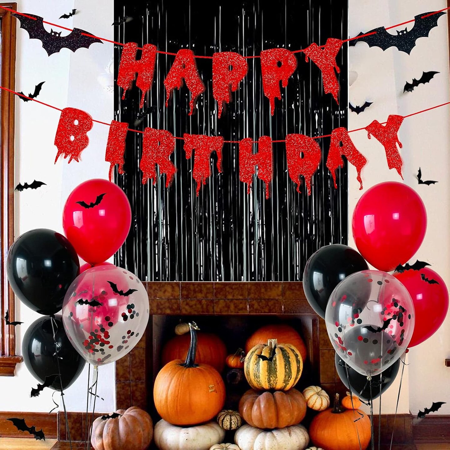 Red Glittery Happy Birthday Halloween Banner Black Foil Curtains Backdrop