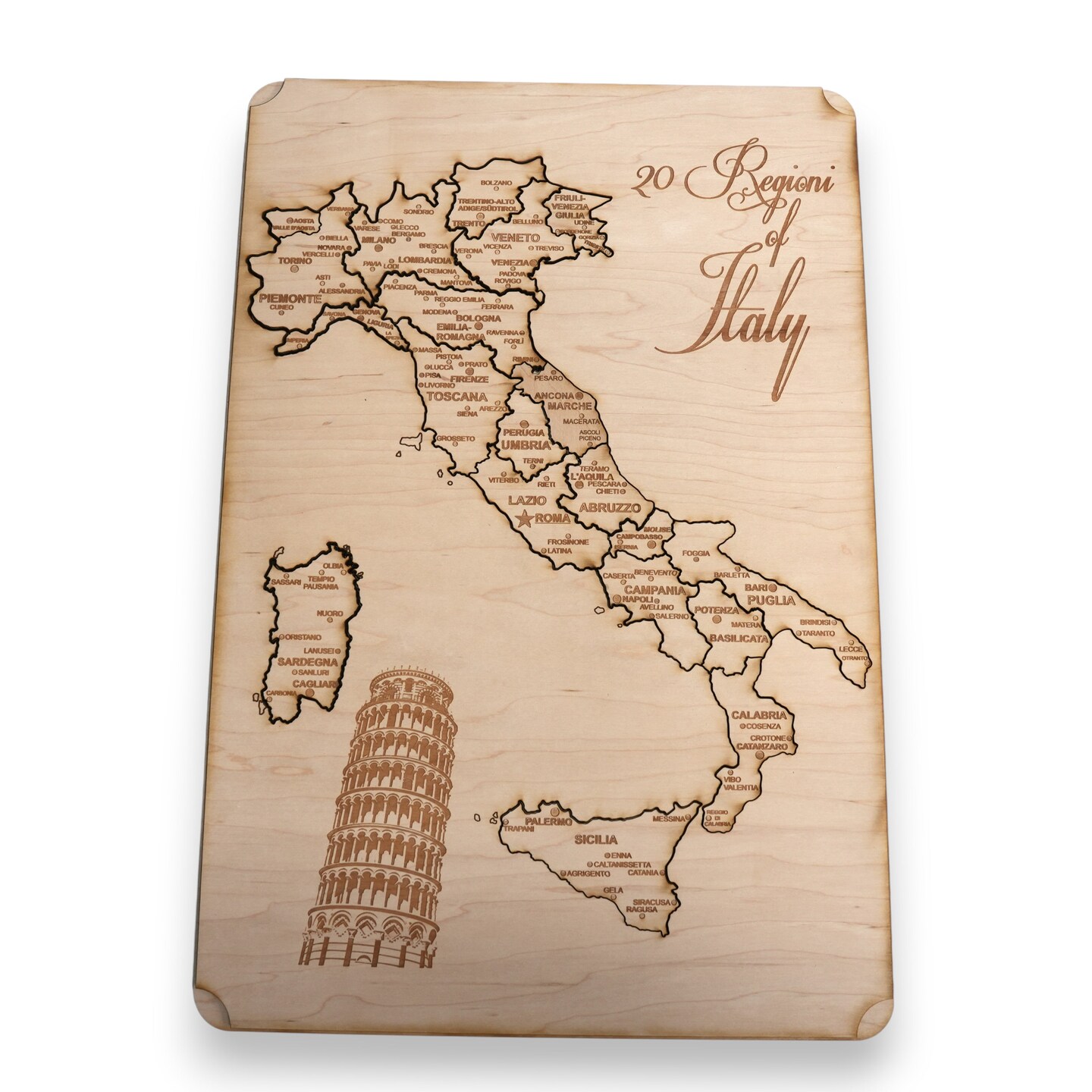 Italy Map - Puzzle Map - Art Kit - Raw Wood 18x12 Inches - 21 pieces - With Stand
