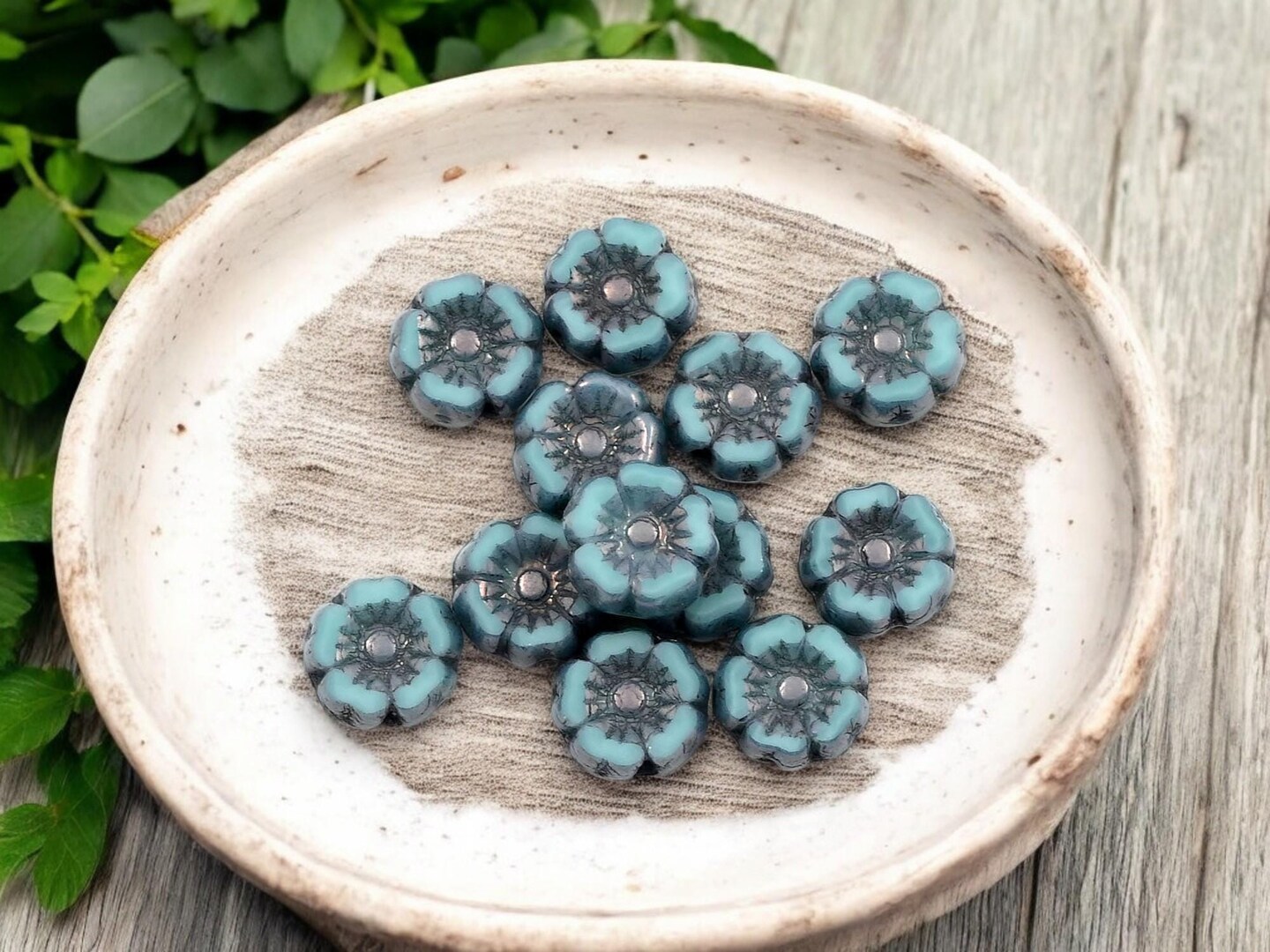 *12* 7mm Bronze Washed Opaque Blue Turquoise Hawaiian Flower Beads